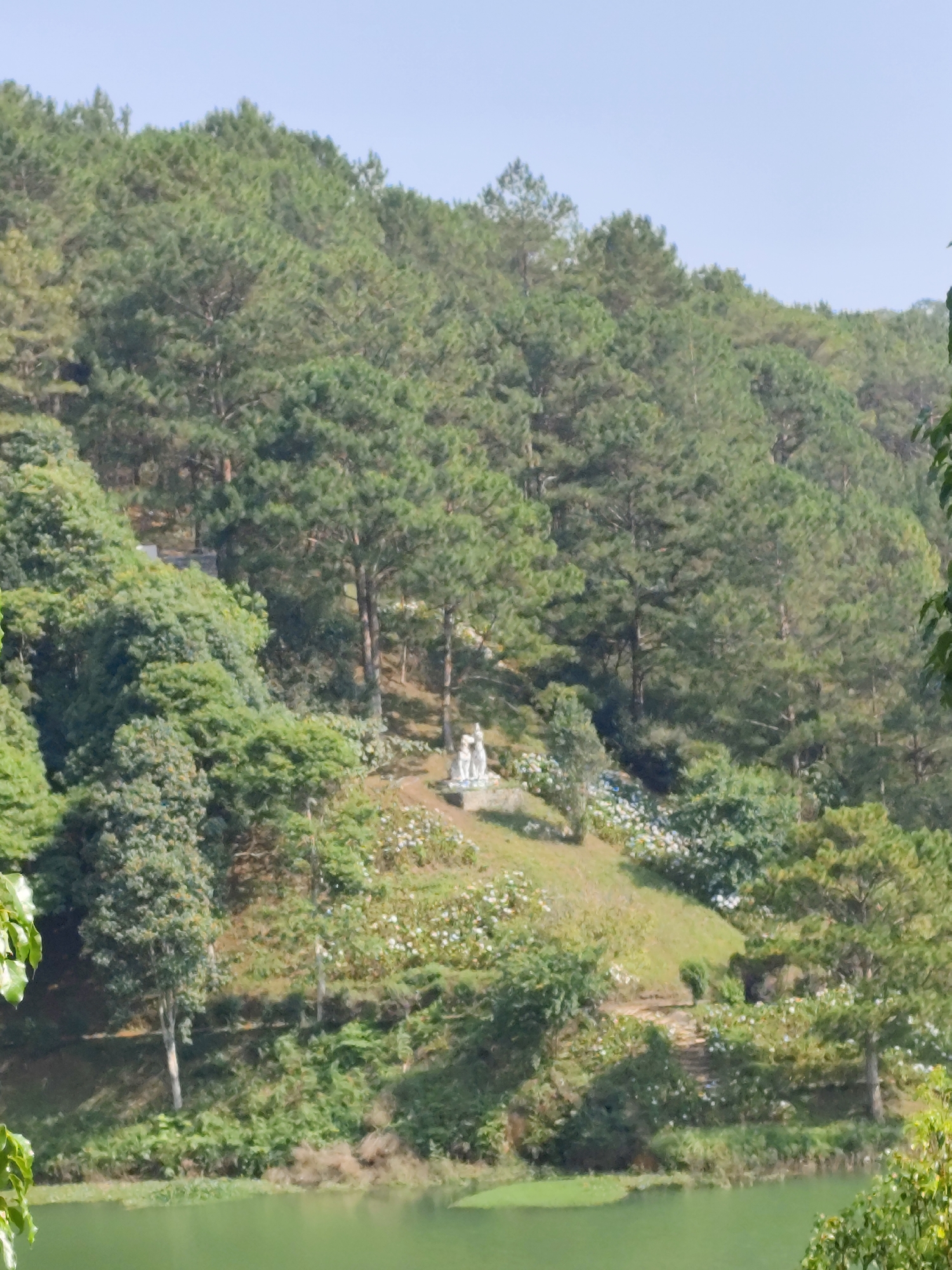 The image depicts a landscape in Da Lat, Vietnam, featuring a green, calm lake in the foreground. A hillside rises from the lake's edge, covered in lush vegetation, including trees, grass, and flowers. A white statue of two figures stands prominently on the hillside. The background consists of a dense forest extending to the top of the hill. The sky is clear and light blue.