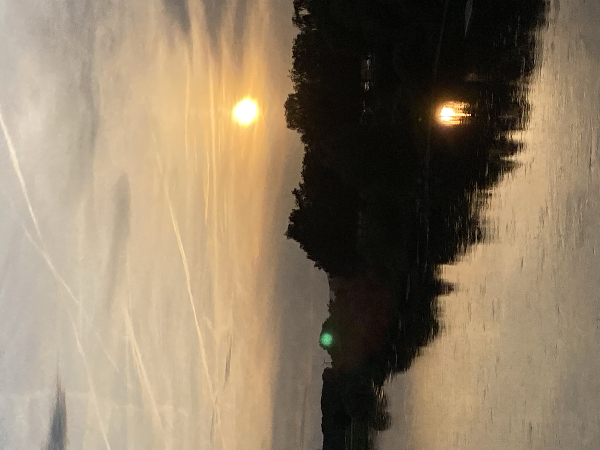 This image depicts a sunset over the Weser River in Rinteln, Germany. The sun is a bright, luminous orb low in the sky, casting a warm, golden glow that is reflected in the calm waters of the river. The riverbanks are lined with dark silhouettes of trees and vegetation, creating a stark contrast against the illuminated sky. In the distance, faint outlines of buildings or structures can be observed on the far bank. The sky is a gradient of soft oranges, yellows, and greys, with wispy clouds and contrails streaking across it, further emphasizing the twilight atmosphere. The overall scene is serene and tranquil, capturing a moment of natural beauty as day transitions into night.