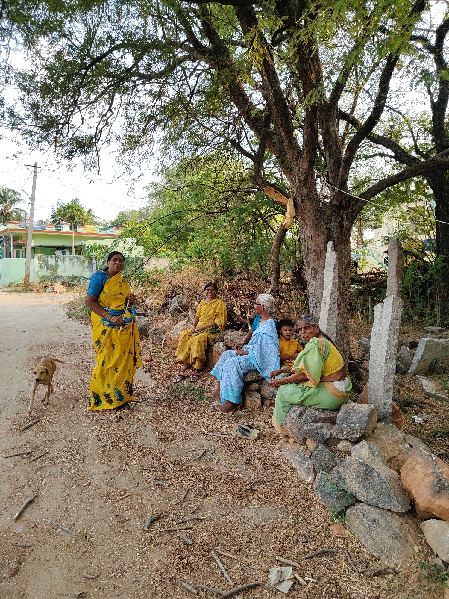 The image shows a group of five people in the village of Kammavaripalli, India. A woman in a yellow sari with blue accents stands to the left, a dog visible near her. Four others sit on rocks: a woman in yellow, a woman in blue, a small child in yellow, and a woman in green. The group is situated near a large tree, a stone wall, and some stone posts. Debris litters the ground. In the background, a building with green trim is visible. The sky is overcast.
