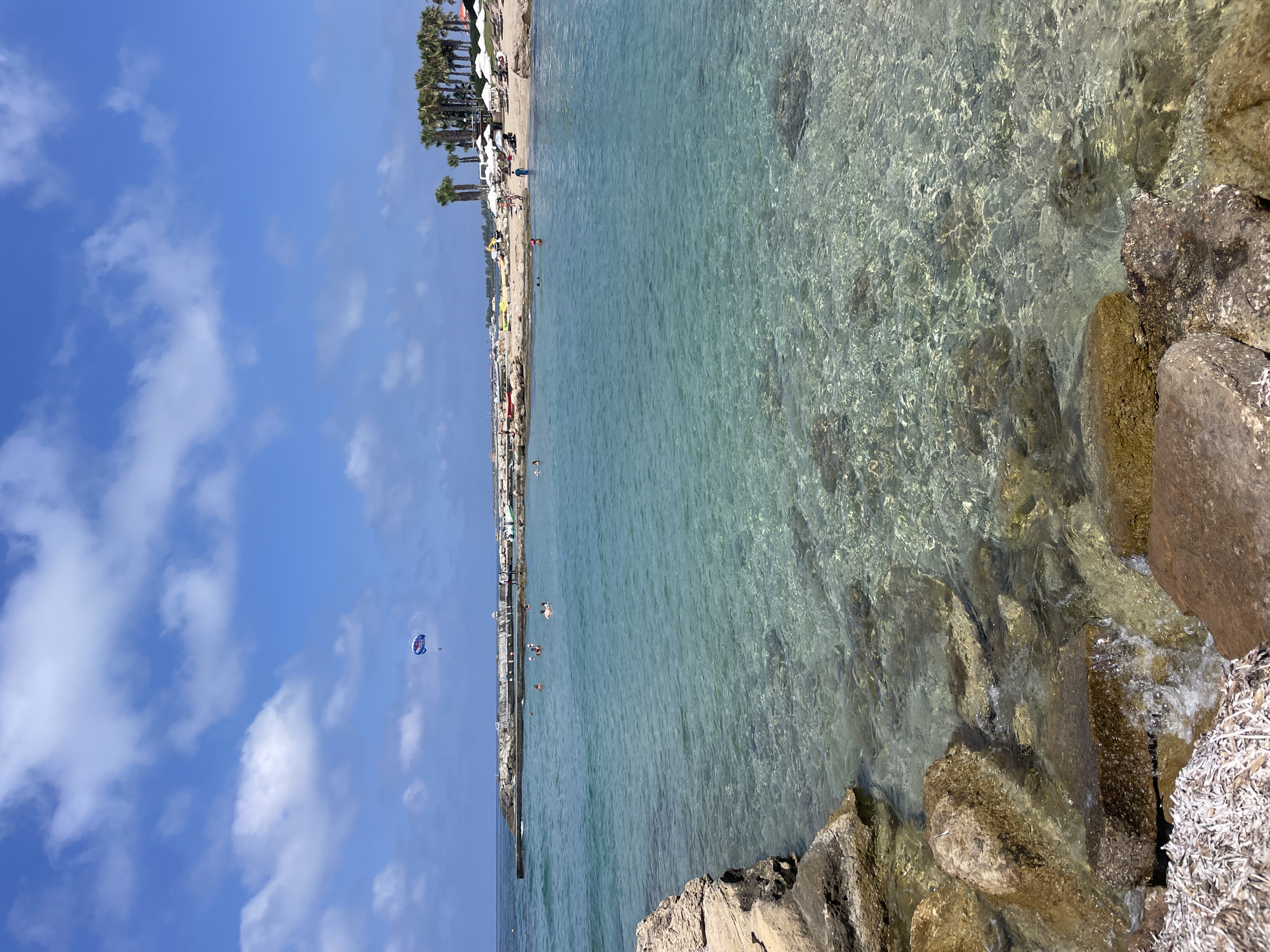 The image depicts a clear, turquoise sea with visible rocks beneath the surface. In the foreground, large brown and grey rocks are partially submerged in the shallow water, with some dry, white debris on the left shore. In the mid-ground, several people are swimming and wading in the water. Further back, a stone breakwater extends into the sea, with more people on it and beyond it. A parasailer is visible in the sky above the breakwater. The background features a sandy beach lined with palm trees and a row of white umbrellas and sun loungers. Buildings are visible behind the palm trees. The sky is blue with scattered white clouds. The scene is set in a coastal area, likely a beach resort, in Paphos Municipality, Cyprus.