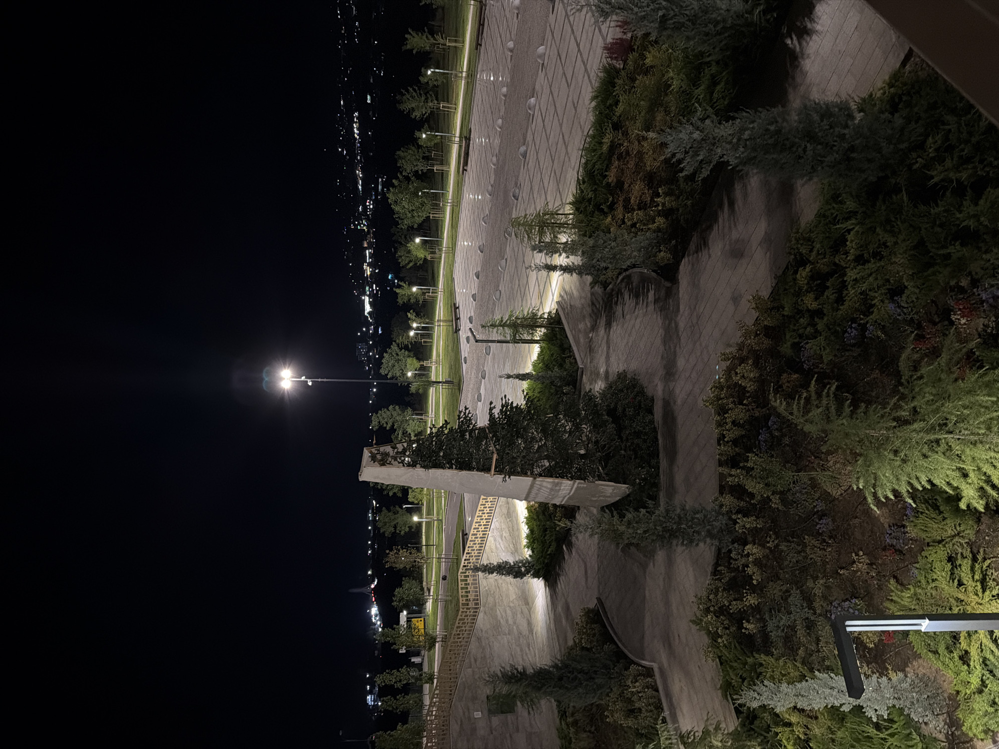The image shows a nighttime view of an urban park area in Chinarkent, Uzbekistan. In the foreground, there is a paved walkway with several small evergreen trees and dense shrubbery lining its edges. A modern lamppost with a dark rectangular base and a white illuminated panel stands to the left.
A larger evergreen tree is positioned near a tall, thin, light-colored structure that appears to be a monument or art installation. Behind this, a wooden railing and a stone-clad wall form a raised walkway or staircase.
Further in the background, a large, paved area resembling a parking lot or plaza is visible, with rows of streetlights illuminating the space. Beyond this, a tree-lined avenue stretches into the distance, with more lampposts interspersed among the trees. The faint glow of distant city lights and buildings can be seen on a hillside in the far background, indicating the presence of a more developed urban area. The sky is dark, with a single bright streetlight dominating the upper right portion of the frame. The overall scene suggests a well-maintained public space designed for evening use, with artificial lighting accentuating the landscape.