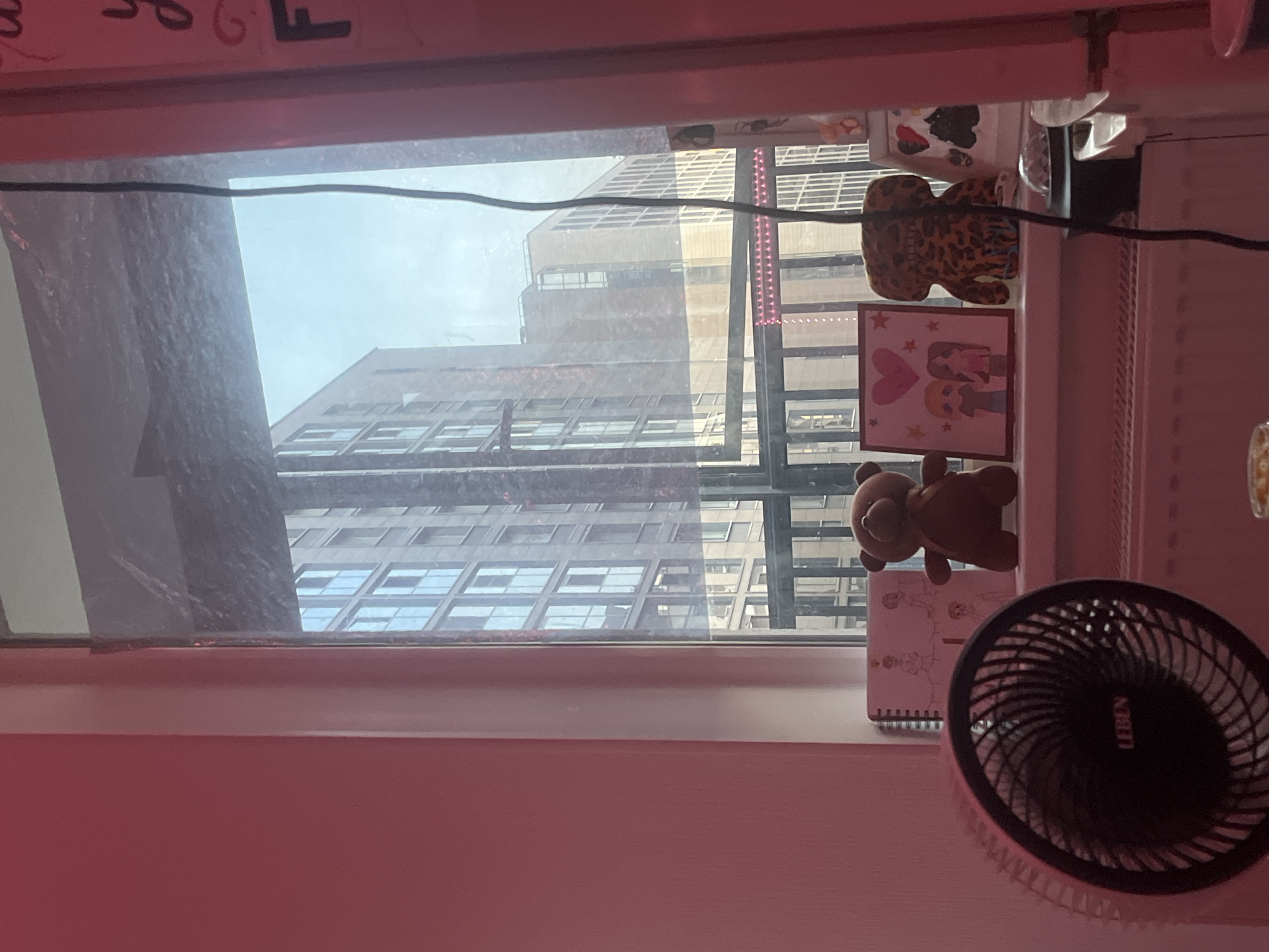The image shows a view from a window, looking out at a large building with many windows, possibly located in Saint Petersburg, Russia. On the windowsill, there are several objects, including a small teddy bear, a drawing, and a small electric fan with the brand name "LEBEN" visible. A wire runs along the top of the window frame. The interior of the room is painted in a pink hue.