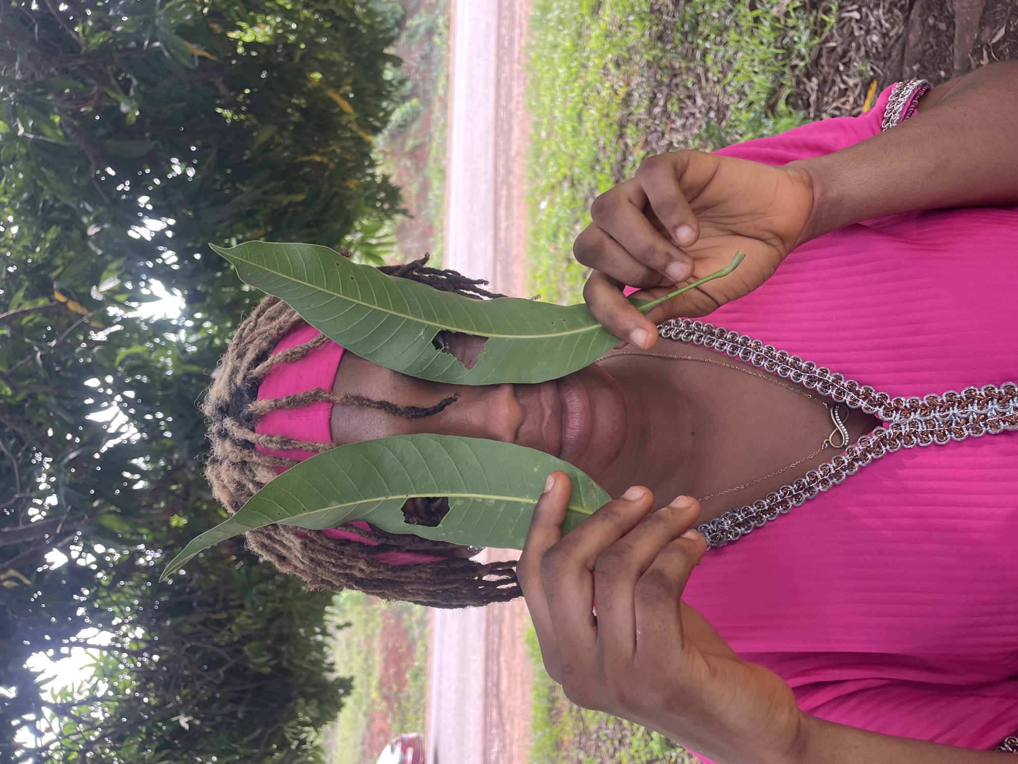 This vertical, close-up shot captures a person of color, likely in Ogbe, Nigeria, engaged in a playful interaction with nature during daylight hours. The individual, sporting dreadlocks, is seen from the chest up, wearing a vibrant hot pink garment. The attire features an intricate silver and gold braided trim along the V-neckline, and a delicate gold chain with a small infinity symbol pendant hangs around their neck.
The person holds two large, green leaves, possibly from a mango tree, over their eyes. Each leaf has a natural, ragged hole, through which the person appears to be looking, adding a whimsical element to the scene. Their hands are visible, gently holding the stems of the leaves.
The background reveals a lush, green environment dominated by tree foliage, with dappled sunlight filtering through the leaves, indicating clear weather. Beyond the immediate trees, a light-colored dirt road or path extends into the distance, flanked by more natural vegetation, suggesting a rural or semi-rural setting. There is no visible text in the image.
