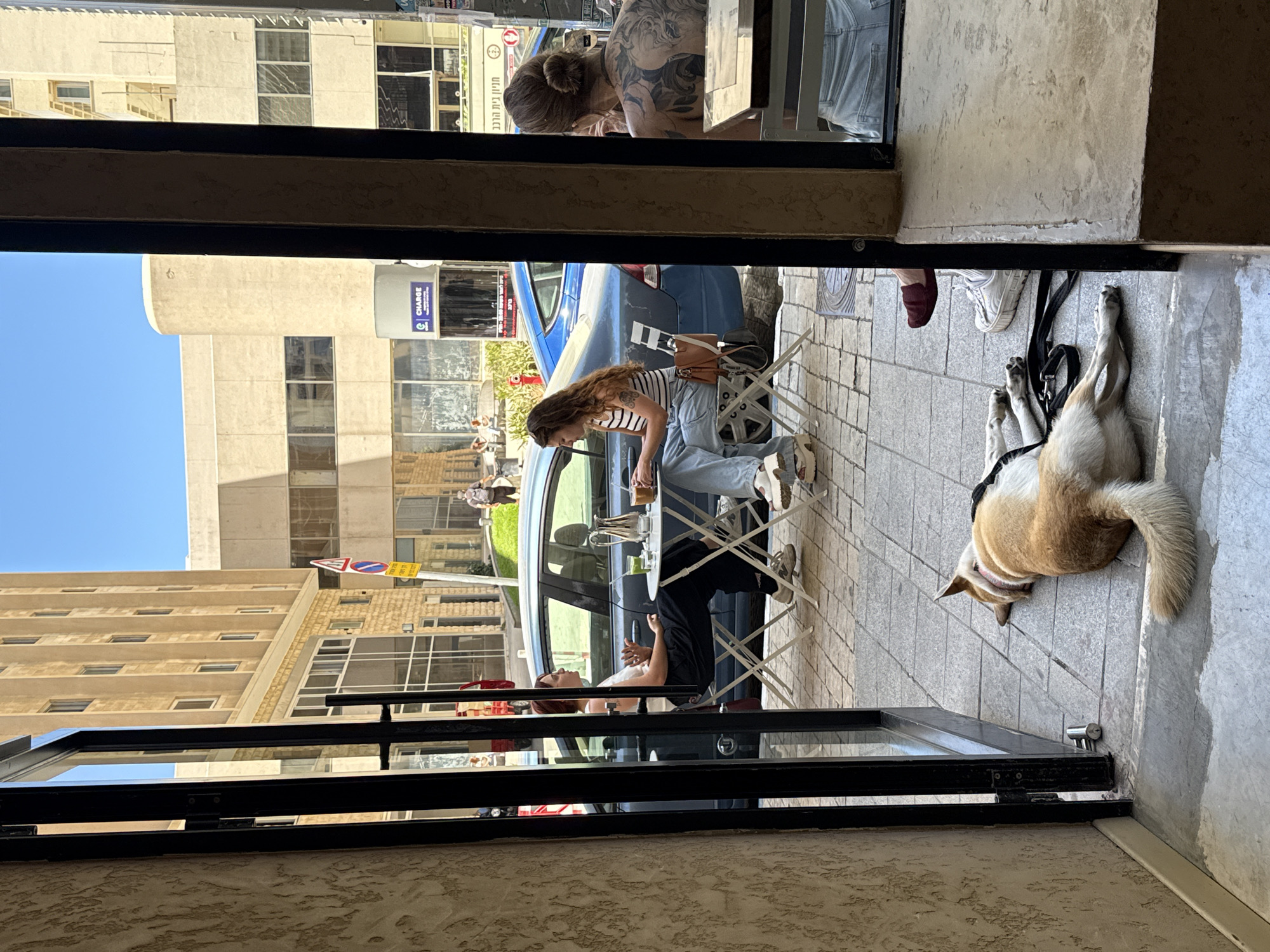 An outdoor cafe scene is captured on a bright, sunny day in Tel Aviv, Israel. The foreground is dominated by an open doorway leading into the cafe, with a tan-colored wall on the left and a dark doorway frame. Lying on the paved ground in front of the cafe is a medium-sized dog, a Shiba Inu mix with tan and white fur, resting on its side with its leash beside it.
Beyond the doorway, a paved patio area is set up with small white tables and chairs. Two women are seated at one table, engaged in conversation and appearing to be drinking beverages. One woman has long brown hair and is wearing a striped tank top and light blue jeans, while the other has her back to the camera, her dark hair tied up, and is heavily tattooed on her back. A dark blue car is parked on the street behind them.
The background reveals a city street with modern buildings. The architecture is characteristic of Tel Aviv, with multi-story buildings constructed from tan-colored stone and concrete. One building has a distinctive curved section. Signs in Hebrew are visible on the buildings. People are walking on the sidewalk in the distance. The sky is clear and blue.