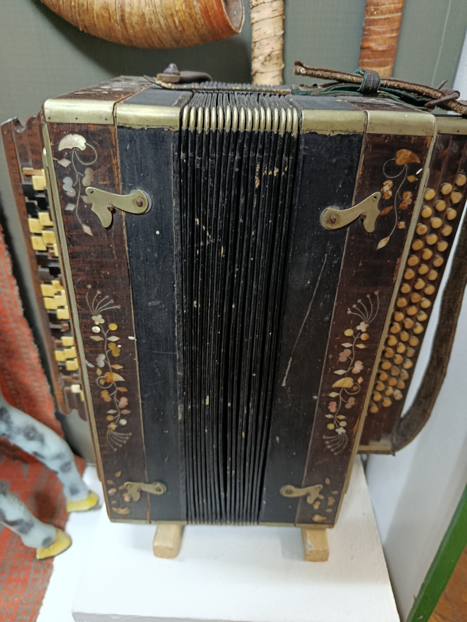 The image shows a close-up view of an antique accordion with dark wood casing and ornate floral inlay. The bellows are black and pleated, and there are two rows of small, round buttons on the right side of the instrument. The left side of the accordion is partially visible, showing a keyboard with cream-colored and black keys. The accordion is resting on two wooden blocks. In the background, there are parts of other objects, including what appears to be a curved wooden horn or pipe and some light-colored, possibly birch bark, cylindrical objects. A fragment of a red textile with a patterned design is visible on the left, and the blurry legs of a decorative object, possibly a statue or mannequin, are in the lower left corner. The accordion is on display in what appears to be a museum or exhibit. The scene is consistent with a display at the Braslaw District Museum in Braslaw, Belarus, which is known to house historical artifacts and musical instruments.