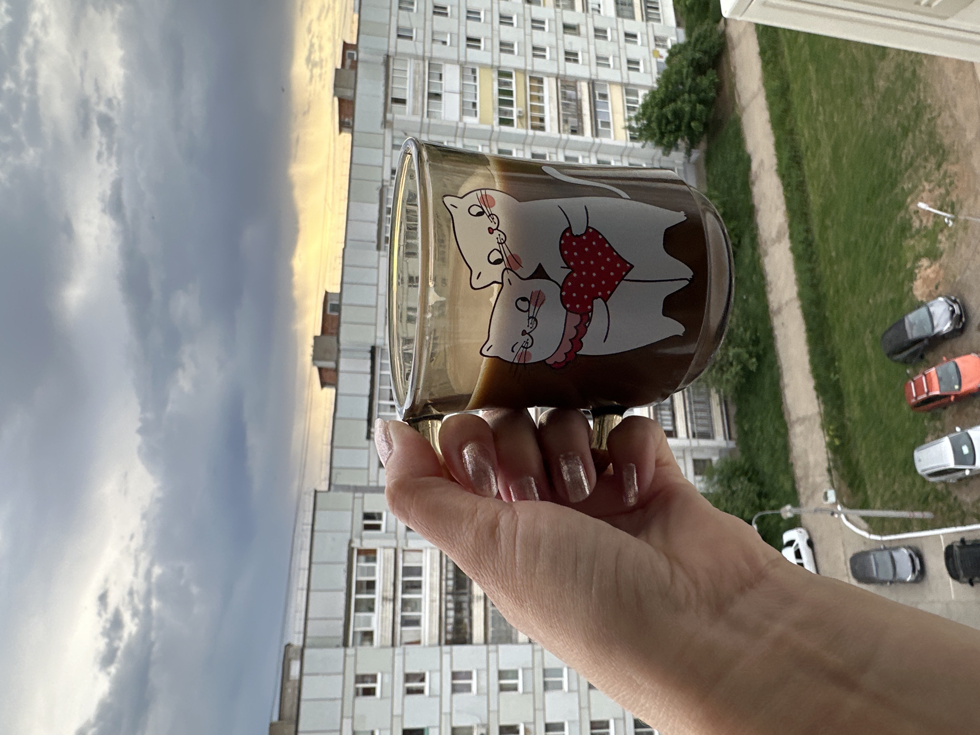 A woman holds a glass mug with a cartoon cat design filled with a brown liquid, likely coffee or tea. The background shows an urban landscape. The woman’s hand is visible, displaying manicured nails. Behind her, a tall residential building stands prominently, likely a typical Soviet-era apartment block. There is also a glimpse of a green space, possibly a park or courtyard, visible from a high vantage point, suggesting she is on a balcony or a high floor. Cars are visible parked below. The sky above is overcast with storm clouds. Considering the architecture, urban landscape, and overall ambiance, the location appears to be in Chaikovsky, Russia.