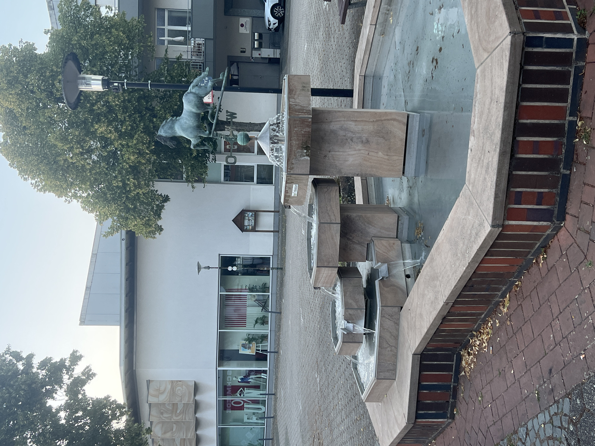 An outdoor public space features a multi-tiered fountain with flowing water, topped by a sculpture of a horse. The fountain is constructed from stone and has a hexagonal basin. Behind the fountain, a modern building with large windows is visible, displaying mannequins and retail items. A tall street lamp stands near the fountain. The ground is paved with interlocking bricks. In the background, trees with dense foliage and part of another building can be seen. The sky is clear and pale.