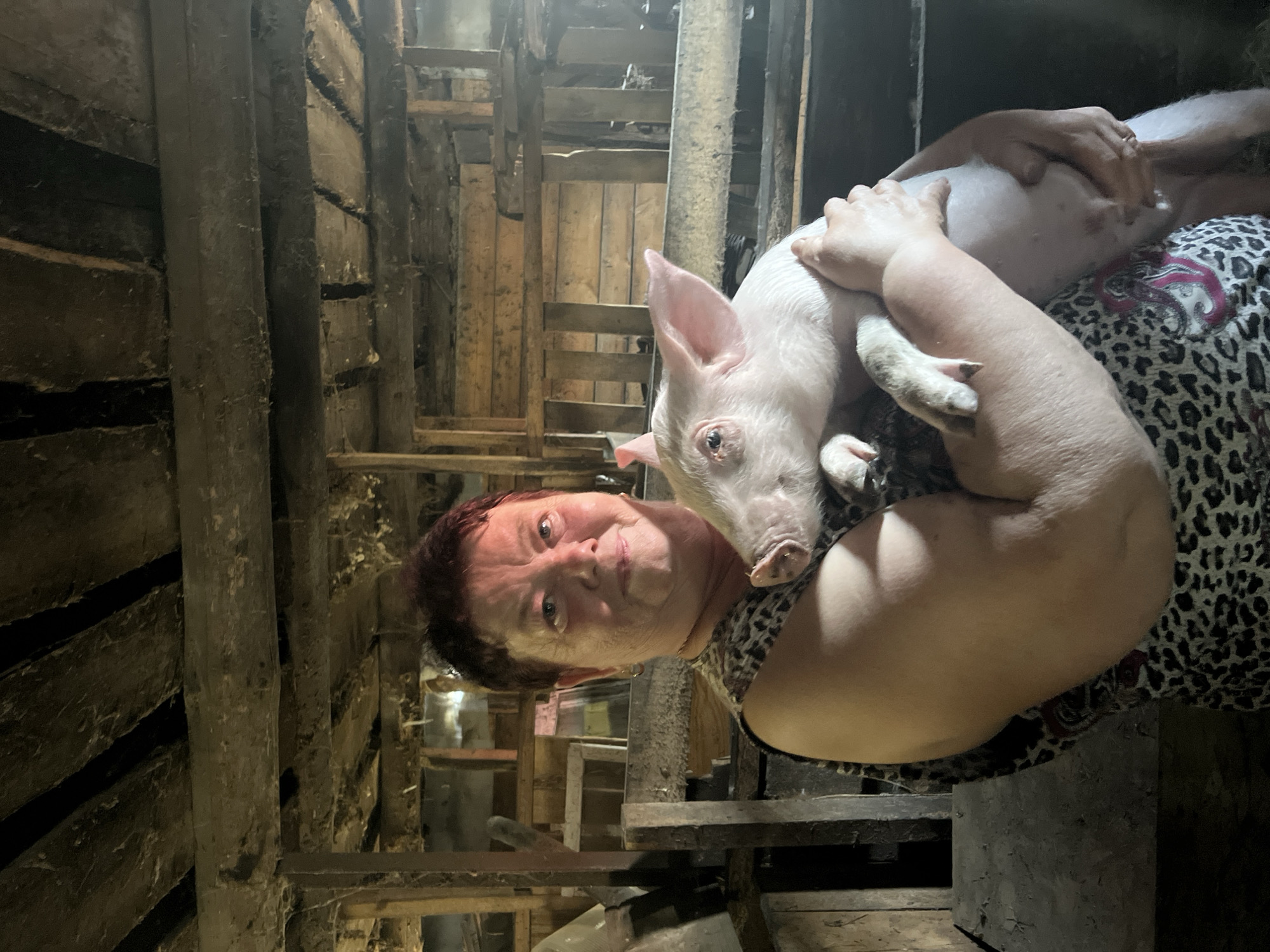 An adult woman with short, dark hair, wearing a patterned top, is holding a white piglet. The piglet is lying on its back in her arms. The background shows a dilapidated wooden structure, possibly a barn or shed. The location is Бахмутово, Russia.