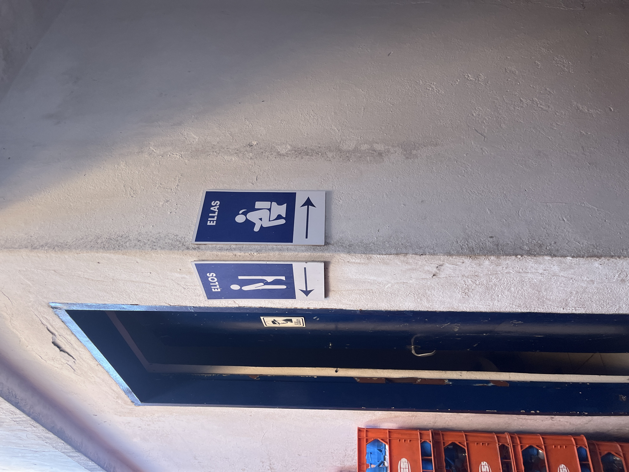 Signs in Dock Sud, Argentina indicating restrooms for men ("ELLOS" with a male figure facing right) and women ("ELLAS" with a female figure on a toilet) are affixed to a concrete wall above a doorway or opening. An additional, smaller sign is also visible on the doorway lintel. Orange and blue crates are stacked below.