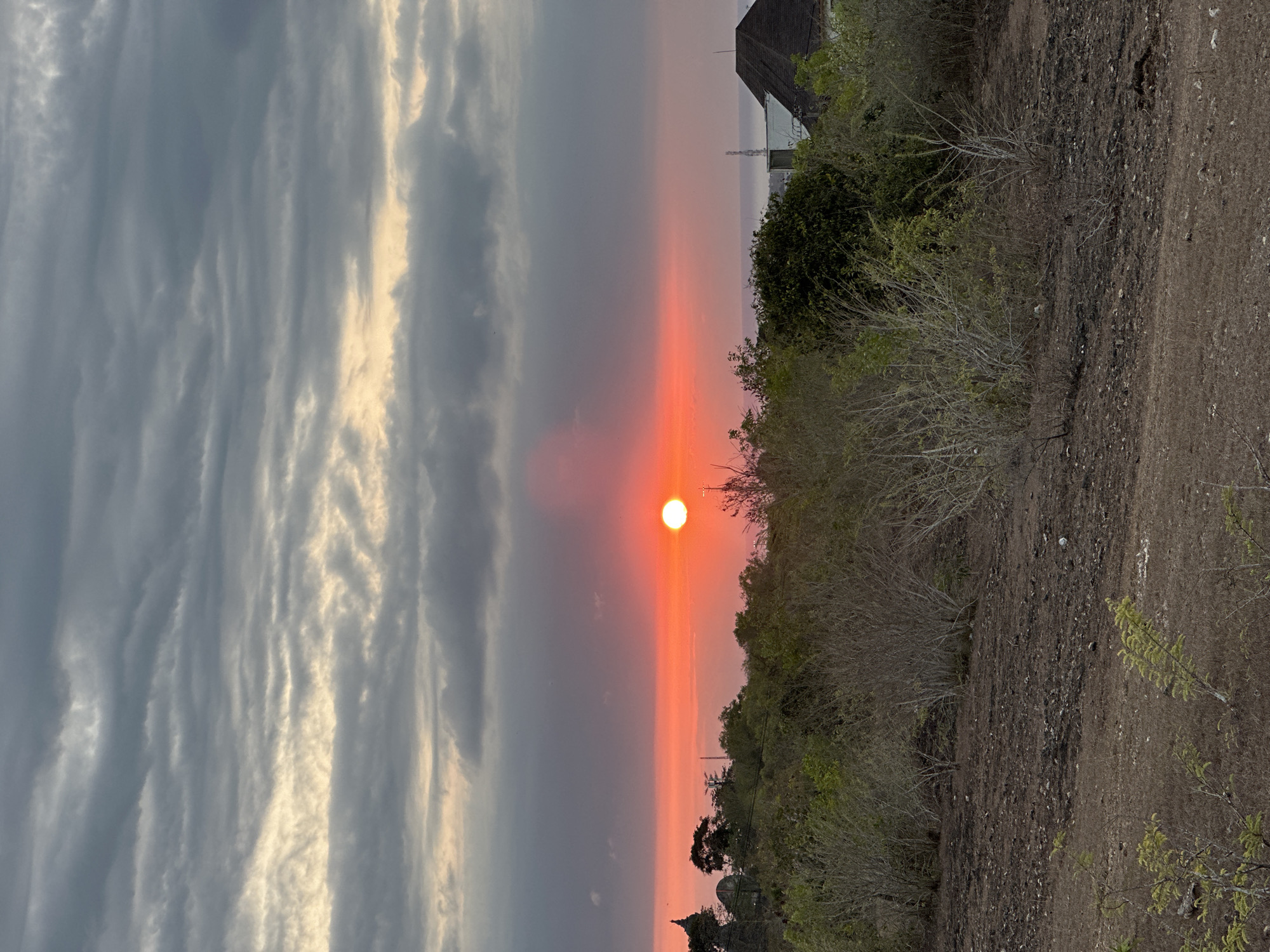 The image depicts a sunset in Kuta Selatan, Indonesia. The sun, a bright orange orb, is low on the horizon, casting a vibrant red and orange glow across the sky. This glow is filtered by a layer of thick, grey clouds that stretch across the upper portion of the frame. In the foreground, a dry, barren landscape is dotted with sparse, scrubby vegetation. Beyond this, a line of trees and buildings marks the transition to the sea, which is visible in the distance as a muted, hazy expanse. A dark, steeply pitched roof of a building is visible on the right side of the image, partially obscured by the trees. The overall impression is one of a dramatic and colorful sky setting over a rugged, tropical landscape.