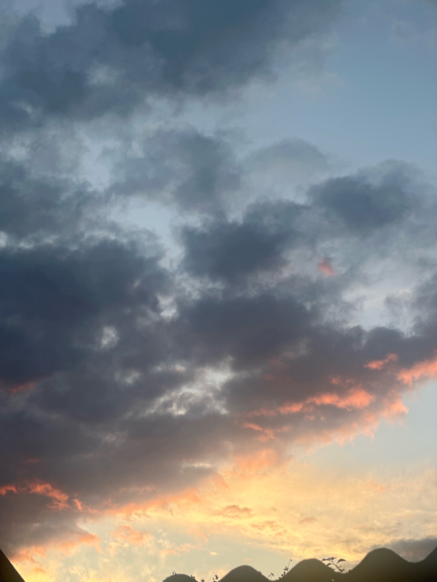 The image depicts a sky filled with clouds, characterized by varying shades of grey, white, and hints of pink and orange, suggesting either sunrise or sunset. The lower portion of the image shows a silhouetted landscape with undulating, dark shapes that appear to be hills or rooftops, interspersed with delicate, dark plant sprigs. The overall scene is atmospheric and natural, without any visible human presence or specific urban landmarks that would pinpoint a location within Хацюхоўскі сельскі Савет, Belarus.
