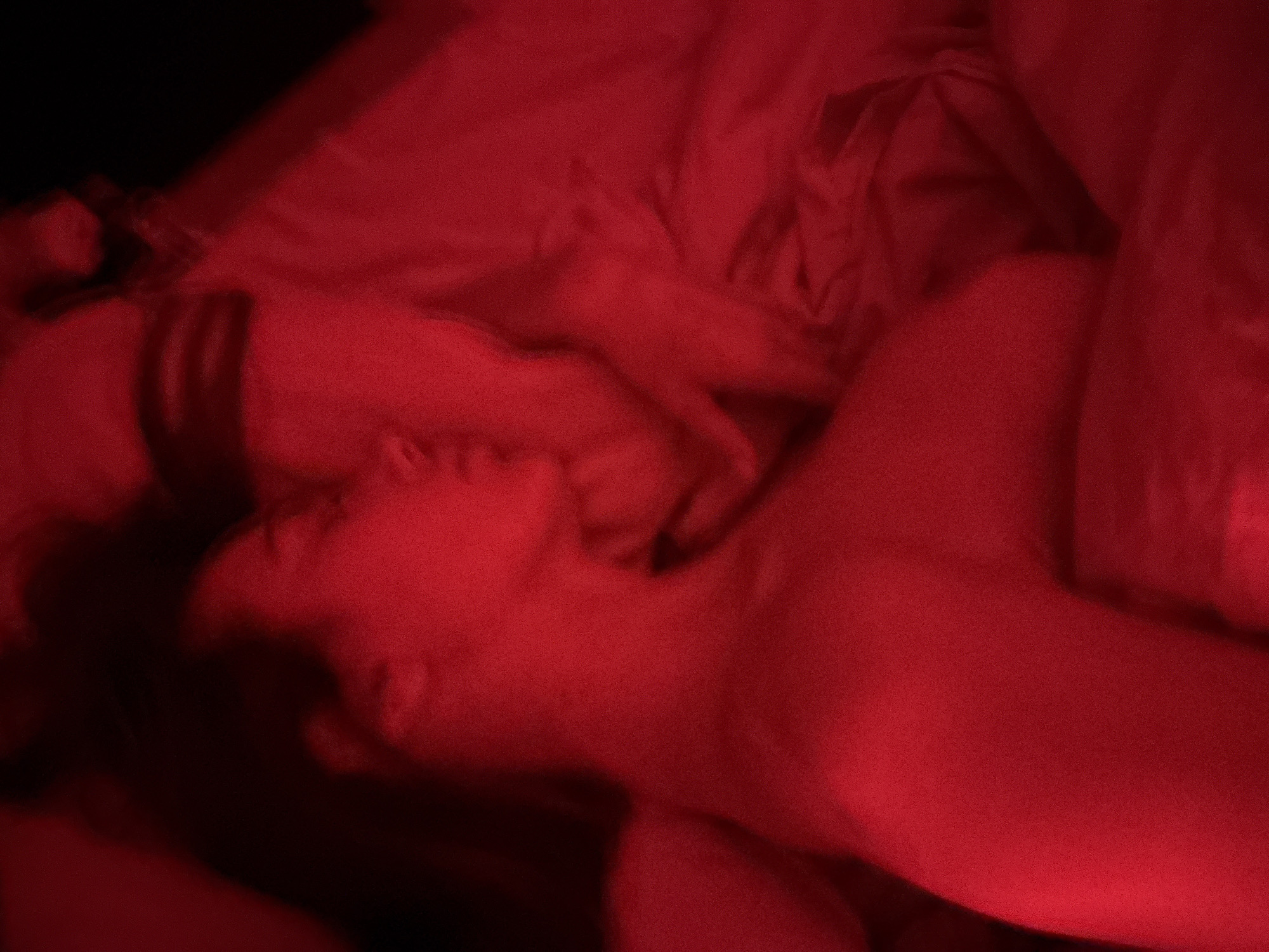 A photograph shows a person lying in a bed covered with red sheets in Unknown, Unknown. The lighting is primarily red, casting strong shadows and making details difficult to discern. The person is lying on their back, and the visible skin appears to be pale under the red light. The head is turned slightly to the side, and the facial features are somewhat blurred due to the lighting and possible motion. A hand is partially visible near the head. The bedding is rumpled and appears to be made of a soft material. The overall impression is one of intimacy and concealment.