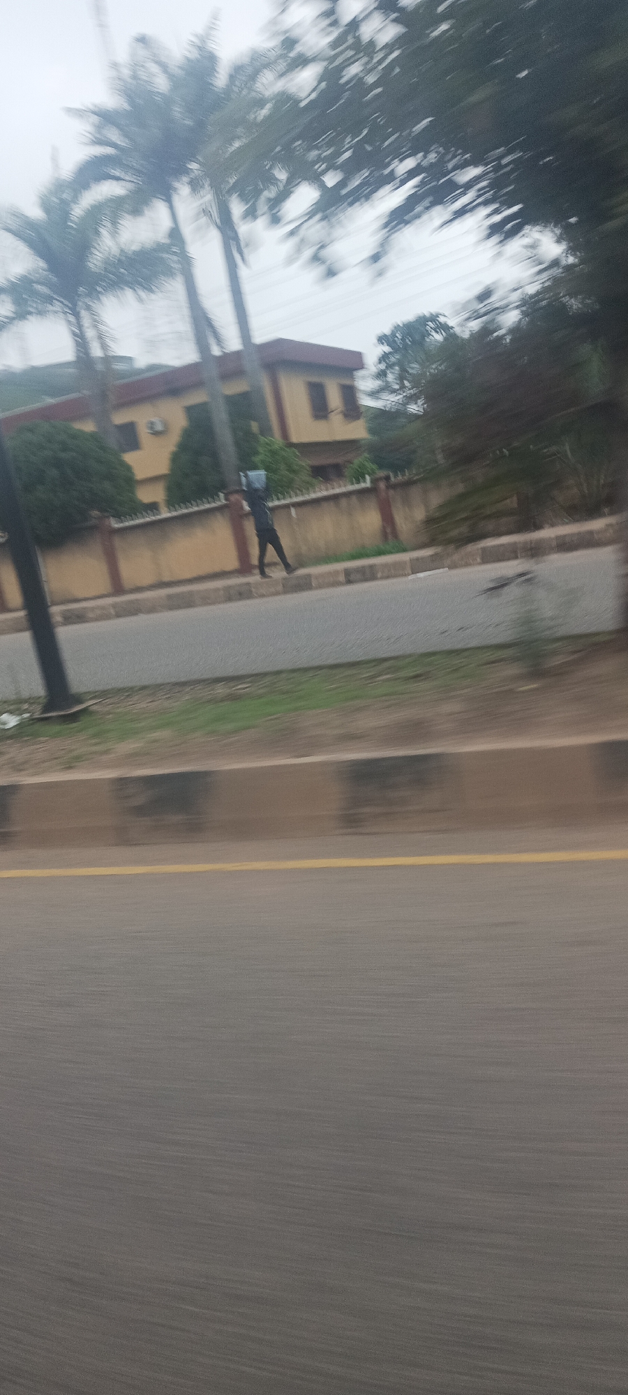 This image captures an outdoor scene with significant motion blur, likely taken from a moving vehicle. The central subject is a person walking along a paved road, carrying a light blue, rectangular object, possibly a container or package, on their head or shoulder. The person is dressed in dark clothing.
Behind the walker, there is a low, light brown or beige concrete wall with darker accents. Beyond the wall stands a two-story building with a yellow or light brown facade and a dark, possibly red, roof. The building is partially obscured by trees and lush green bushes. Several tall palm trees and other leafy trees are prominent in the background and midground, contributing to the sense of an urban or semi-residential environment. The sky appears overcast or hazy, providing diffused daylight.
In the foreground, a gray asphalt road stretches across the lower half of the frame, featuring a clear yellow dividing line. A narrow strip of grass separates the road from the concrete curb or sidewalk where the person is walking. No visible text is present in the image. The overall impression is one of movement through a tropical or subtropical setting, consistent with the provided location context of Jos, Nigeria.