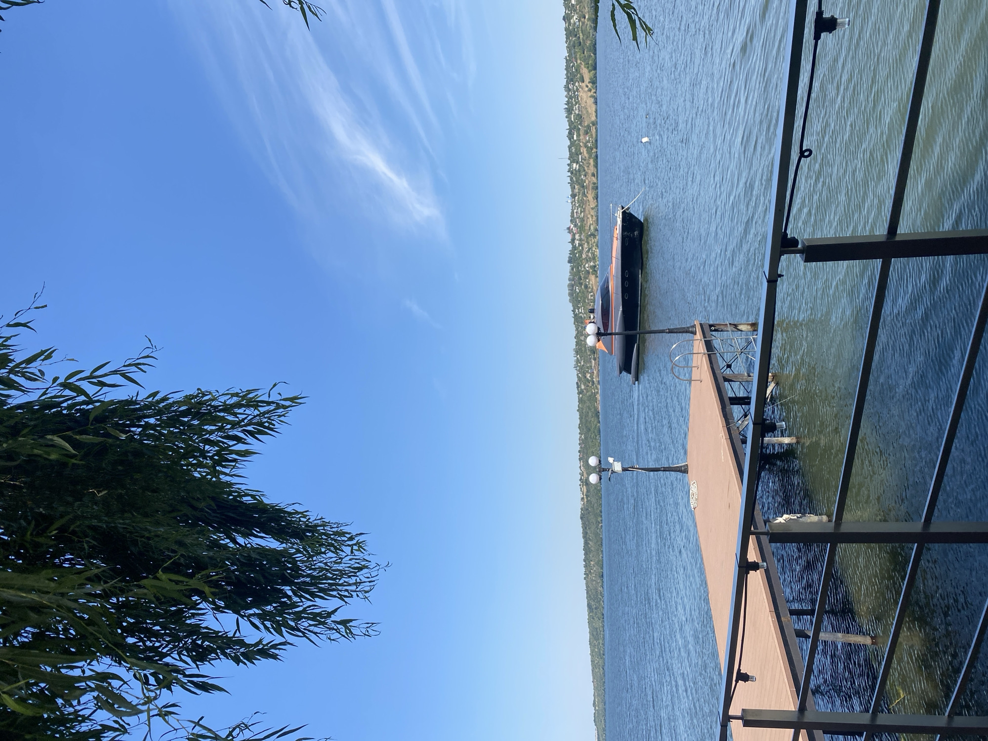 The image captures a serene waterfront scene on a clear, sunny day. In the foreground, a wooden pier extends into a calm, blue body of water. A black metal railing runs along the edge of the viewpoint, with a few string lights attached. Overhead, green foliage from a tree drapes down, framing the top left of the image.
Further out on the water, a sleek, dark-hulled yacht with an orange accent on its cabin is anchored. The yacht appears modern and luxurious. In the distance, the opposite shore is lined with lush green trees and a scattering of houses, suggesting a settlement or town. The sky is a vibrant blue with wispy white clouds that stretch across the horizon. The overall impression is one of tranquility and leisure.
