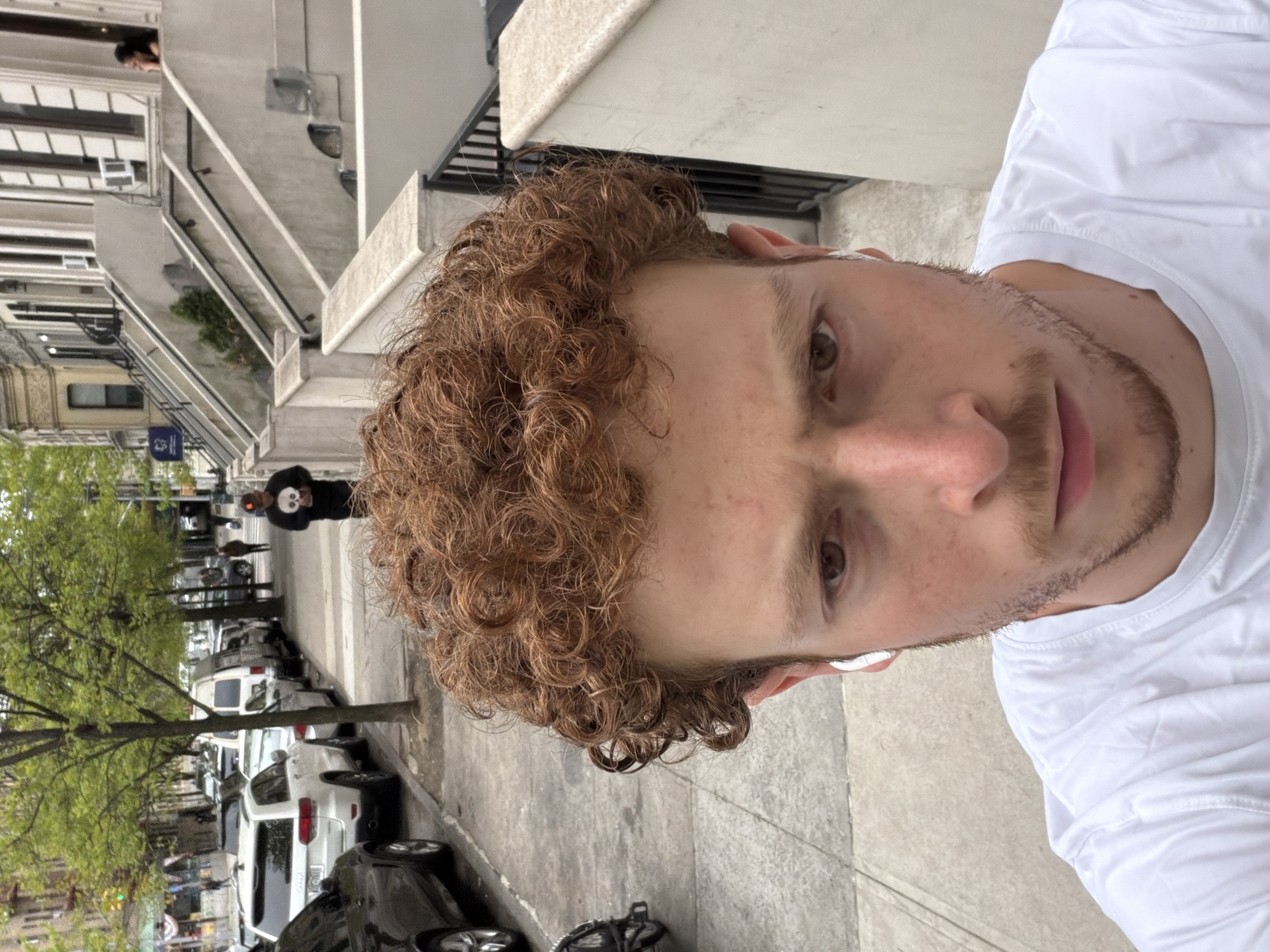 The image, rotated 90 degrees counter-clockwise, features a close-up selfie of a young man on a city street. The man, likely in his 20s or 30s, has light skin, prominent reddish-brown curly hair, and hazel eyes. He looks directly at the camera with a neutral expression, wearing a plain white t-shirt and white wireless earbuds. Light stubble or a short beard outlines his jawline and chin.
The background reveals an urban environment. To the left, a multi-story building with windows and a light-colored facade is visible. A concrete sidewalk occupies the foreground and midground. Along the street, a line of parked cars, including white SUVs and darker vehicles, extends into the distance. Green-leafed trees are planted along the sidewalk, interspersing the vehicles and buildings. Further down the street, several blurry figures can be seen; one person is distinctly visible wearing a black hoodie with a white skull design on the back. A small blue sign with an illegible white symbol is attached to a pole.
The scene takes place during the daytime, under what appears to be an overcast sky, providing soft, diffused lighting. The architecture, parked cars, and street layout are indicative of a bustling city environment, consistent with the given location context of New York, United States of America. The primary activity captured is the man taking a selfie.