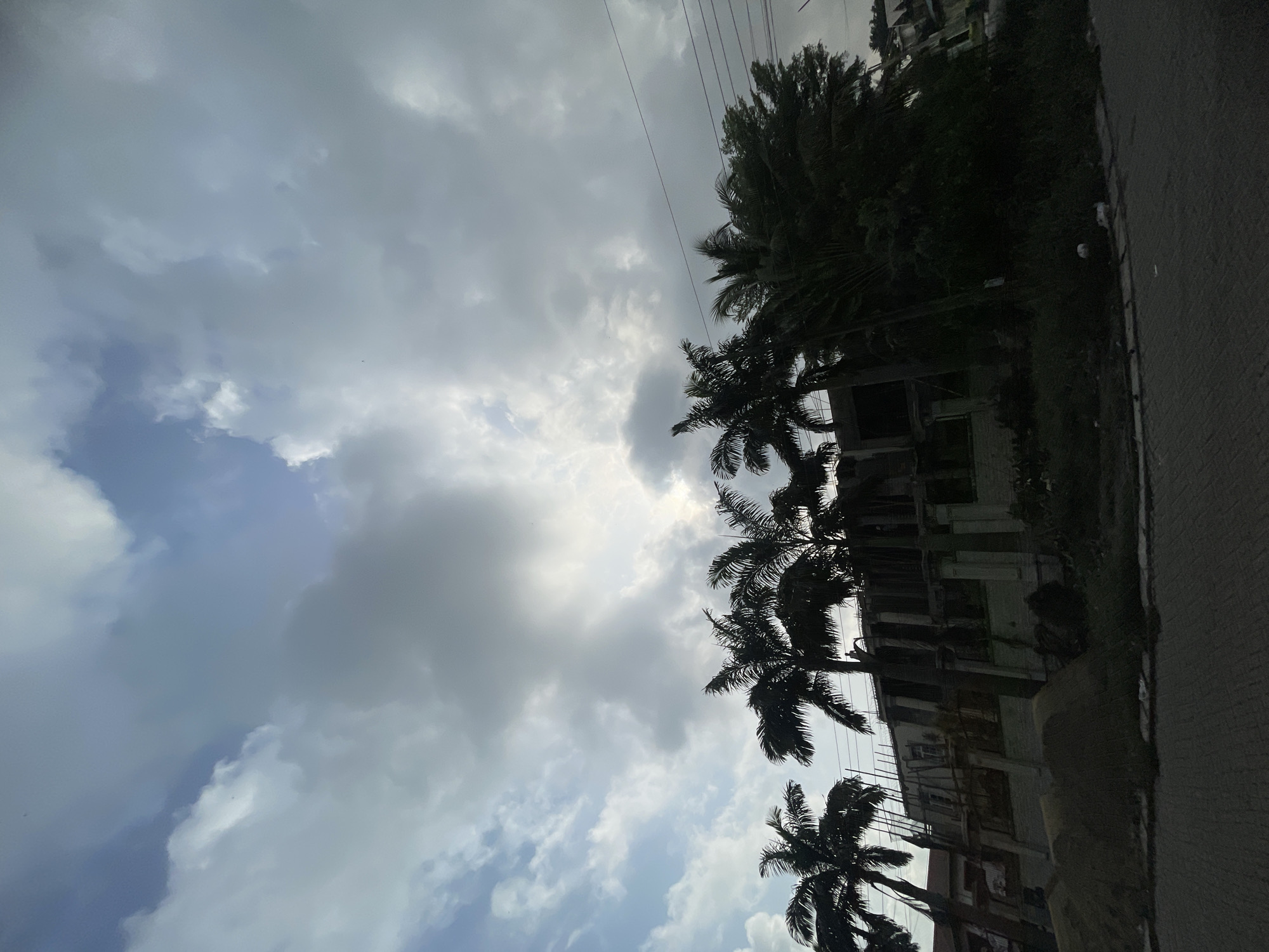 The image shows a cloudy sky over Moba, Nigeria. Several palm trees are silhouetted against the bright sky. A multi-story building is visible behind the trees. Power lines run across the top of the frame. Part of a road is seen on the right side.