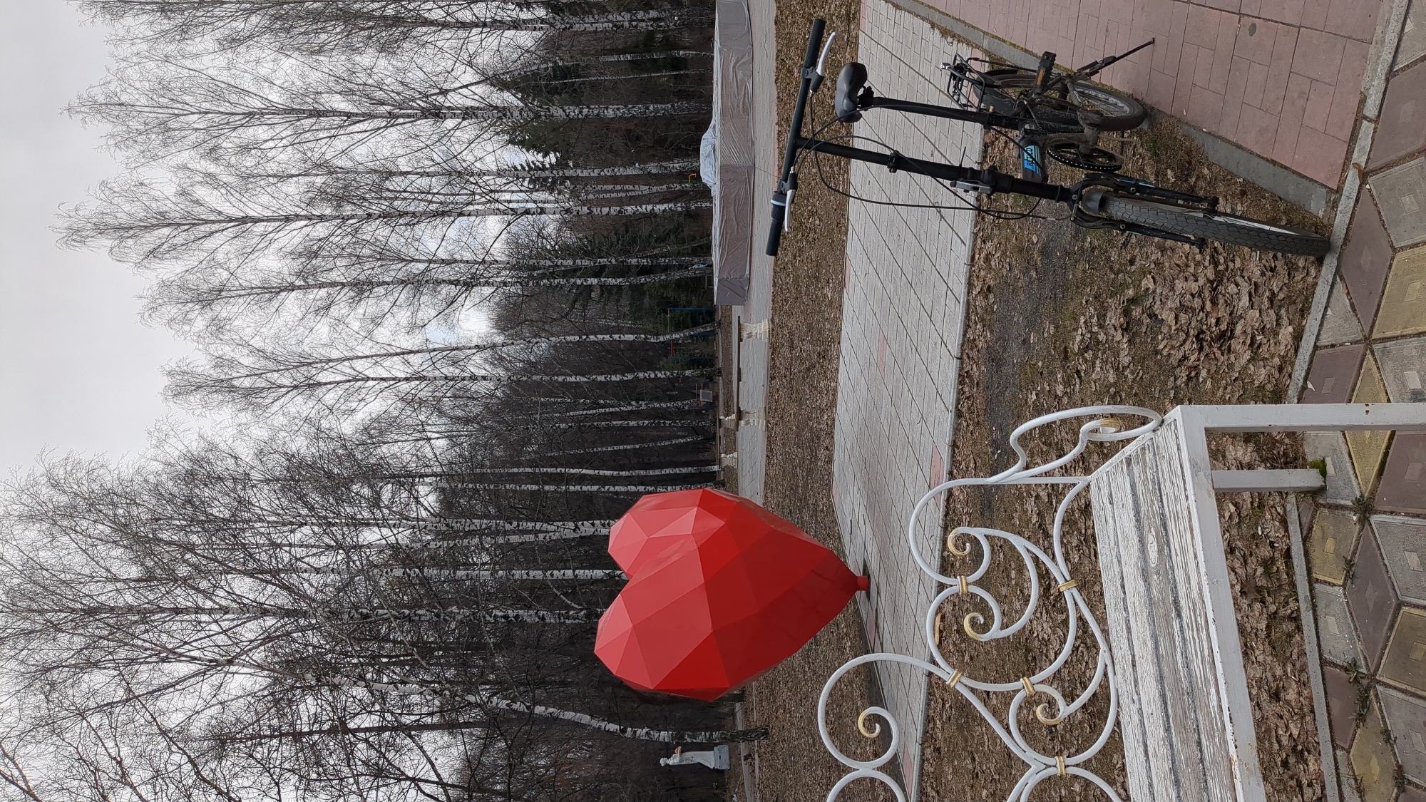 The image shows a park scene in Ulyanovsk, Russia. In the foreground is a white wrought-iron bench and a large, bright red, geometric heart sculpture on a small pedestal. Behind the bench and heart are fallen brown leaves and a bike. A paved walkway is partially visible. In the background, there is a dense row of birch trees with bare branches, suggesting either late autumn or early spring. The sky is overcast.