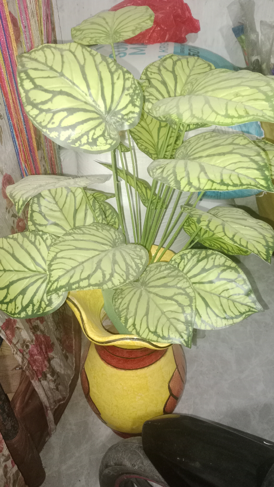 In Wono Sari, Indonesia, a brightly colored, hand-painted ceramic pot sits on a gray floor. The pot is predominantly yellow with red and brown accents. It holds a lush green plant with large, heart-shaped leaves. The leaves have a distinctive light green pattern with darker green veins that create a net-like appearance. The plant is positioned in front of a wall adorned with vertical, multi-colored striped fabric on the left. Behind the plant, a white plastic bag with blue lettering is visible, along with a red plastic bag, suggesting storage or merchandise. The overall scene appears to be indoors, possibly in a storage area or a room with items being kept.