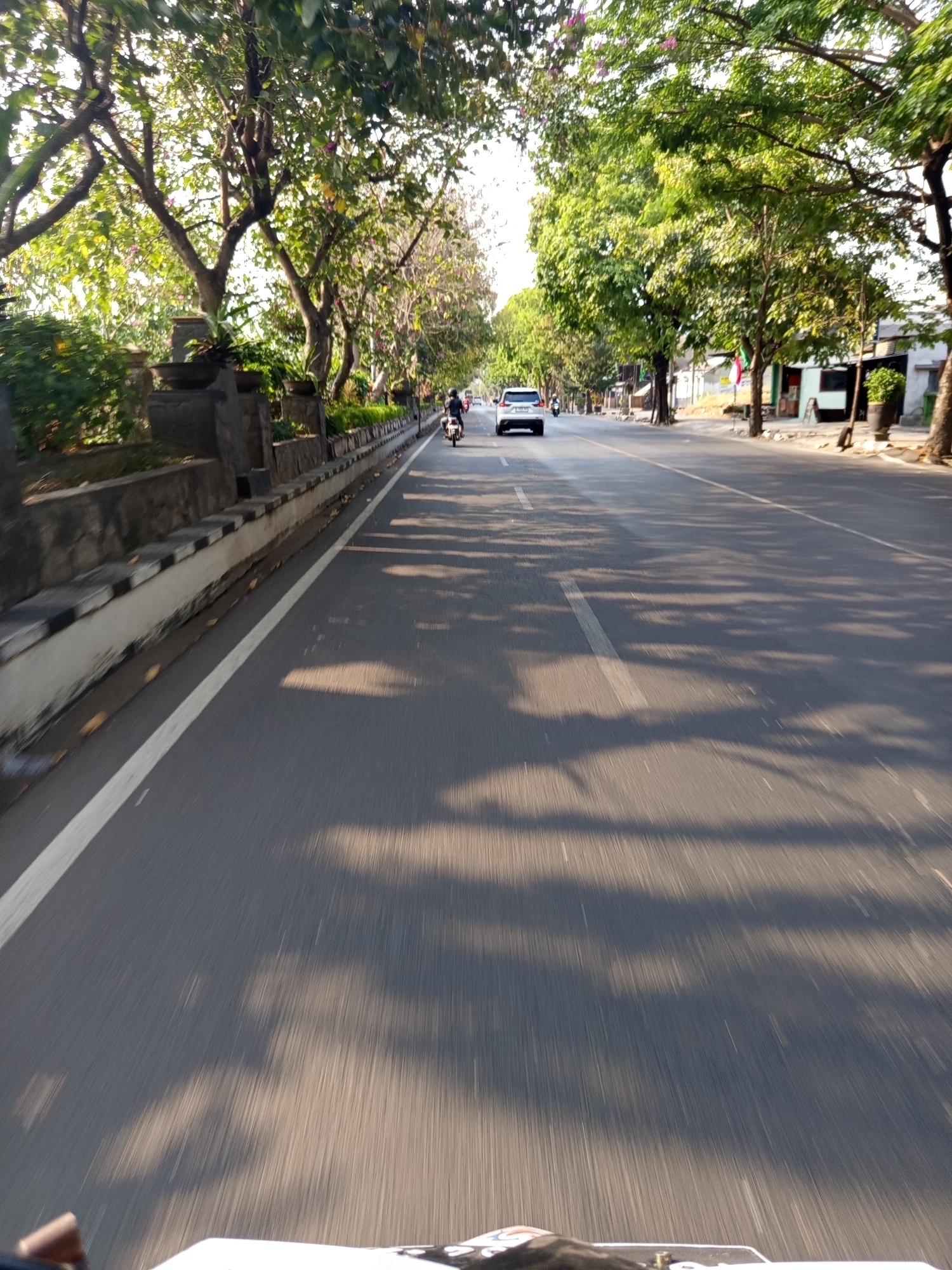 A road scene in Kediri City, Indonesia, captures a view from a moving vehicle. The road is paved and divided by white lines, with a distinct white line marking the left edge of the travel lane. Trees with lush green foliage line the left side of the road, casting dappled shadows on the asphalt. A low, stone wall with some planters is visible along the left edge, bordering the roadside vegetation. On the right side of the road, there are buildings and more trees. A white car is seen ahead in the same lane, and a person on a motorcycle is further ahead and slightly to the left. The sun appears to be low, casting long shadows across the road, suggesting it is either early morning or late afternoon. The image conveys a sense of movement and the urban landscape of Kediri.