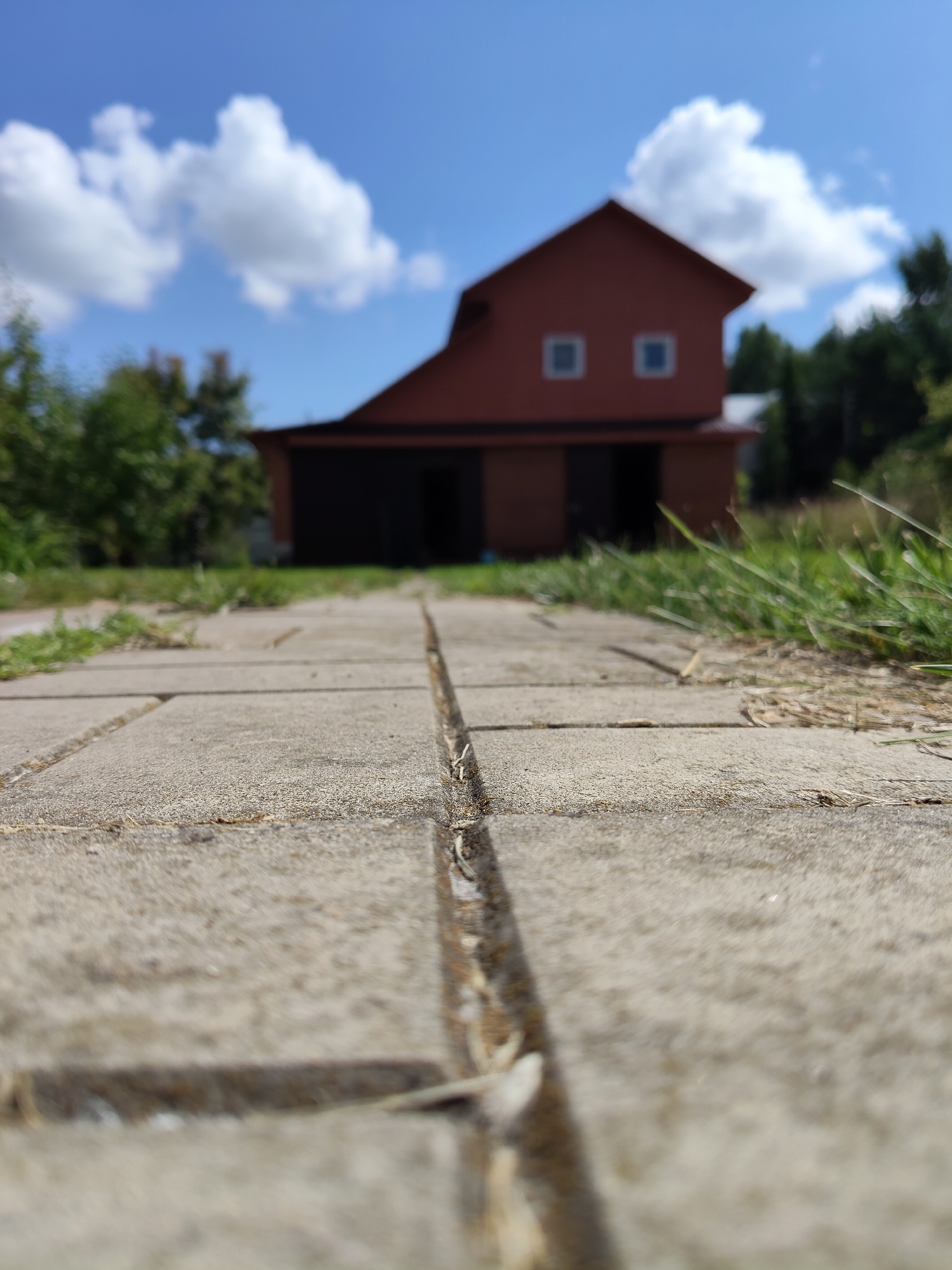 A low-angle, close-up shot features a cracked, grey concrete walkway in the foreground. Beyond the walkway, a blurry red house with a dark garage door is visible under a bright blue sky with white clouds. The house has two square windows. Green trees and grass surround the house. The scene is likely located in Chepelyovo, Russia, based on the context provided.