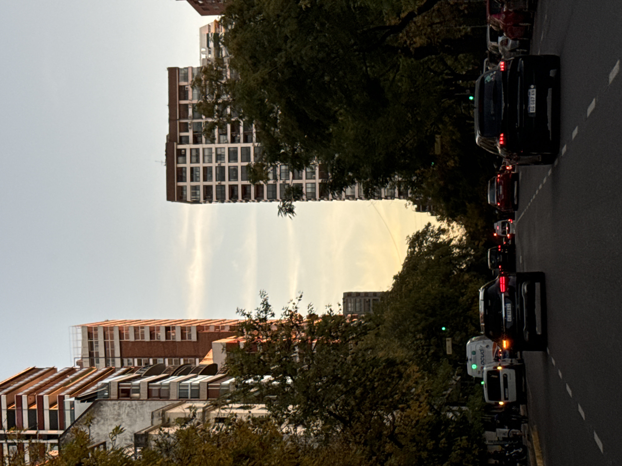 The image shows a street in Buenos Aires, Argentina, with traffic lined up. Buildings are visible on both sides of the street, partially obscured by trees. Several cars and a van are lined up on the road. The sky is overcast. The license plate of a dark-colored vehicle is visible.