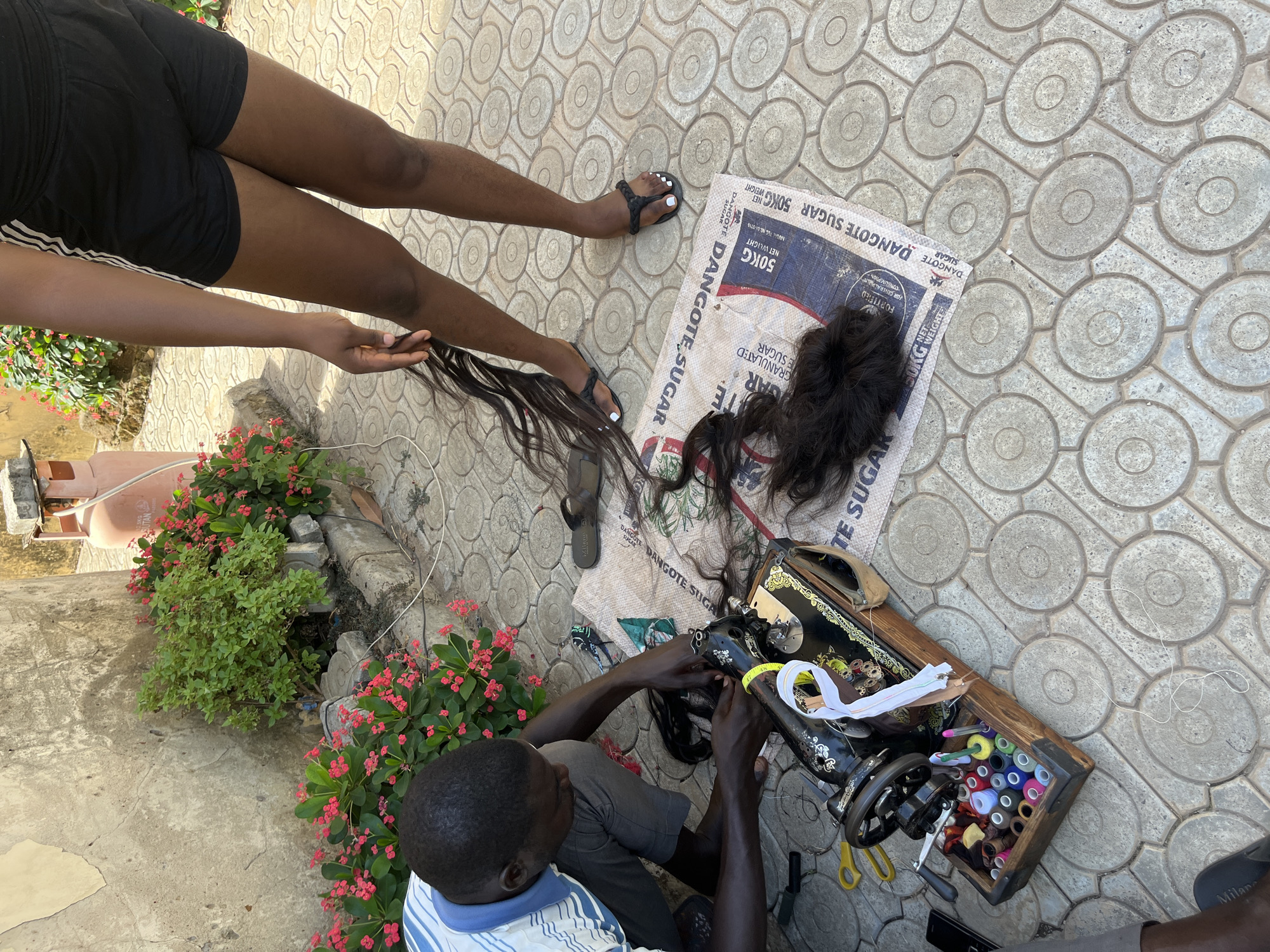 A medium-angle shot depicts a man operating a sewing machine outdoors. The scene unfolds on a patterned tile surface, indicating a paved area. The man is positioned on the right side of the frame, engrossed in his sewing task, with a wooden box of colored threads beside him. He is seated, wearing a light-colored striped shirt and gray shorts.
Adjacent to the sewing machine lies a white sack imprinted with "DANGOTE SUGAR 50KG," with dark-colored hair extensions placed on top. A woman, wearing black shorts, stands at the left side of the frame, holding straight hair extensions. Her feet are adorned with flip-flops.
The environment is partly vegetated, with flowers and greenery flanking the left side of the frame, adding a touch of nature to the urban setting. A gas tank is partially visible. The light suggests it is daytime. Based on the sugar sack and the style of sewing, it is likely this scene takes place in Abuja, Nigeria.