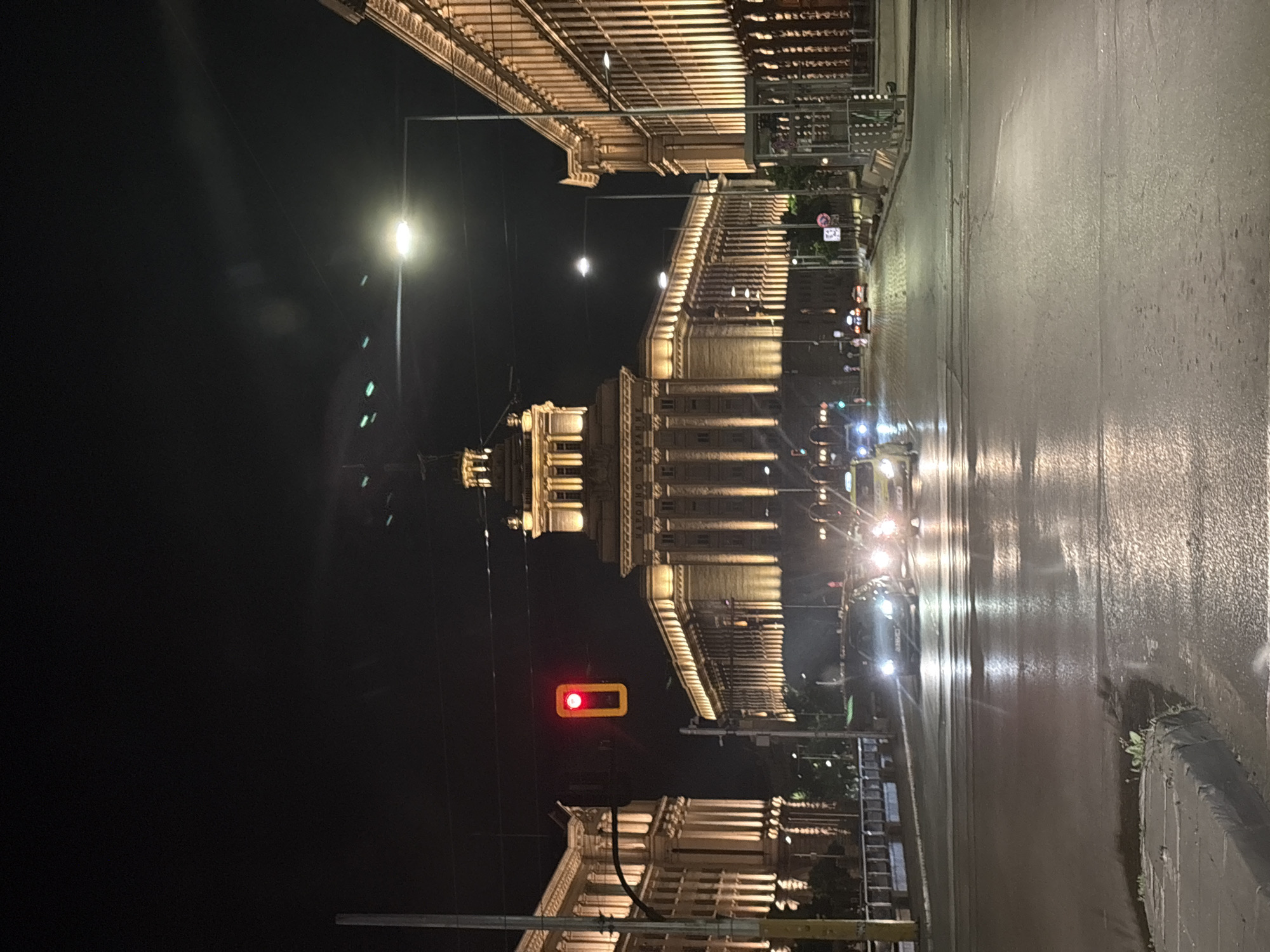 At night, a street scene in Sofia, Bulgaria, depicts the National Assembly building illuminated by artificial lights. The street appears wet, reflecting the lights of passing vehicles. A traffic light is visible, showing a red signal. Buildings with classical architectural features line the street. A pedestrian overpass with intricate metalwork spans the width of the street.