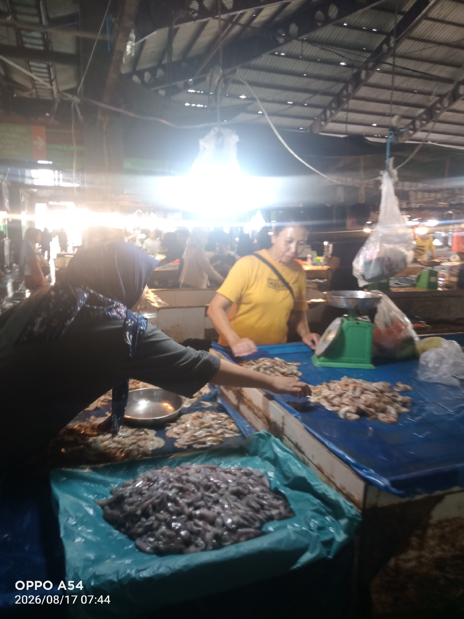 This is a medium shot of a fish market scene, likely in Jambi, Indonesia, given the timestamp. The image is dimly lit, with bright overhead lights creating a hazy atmosphere. In the foreground, two individuals are visible. On the left, a person wearing a dark headscarf and a patterned dark garment is partially obscured, reaching towards a stainless steel bowl on a table. They appear to be interacting with seafood, possibly shrimp, laid out on a blue tarp. To the right, a woman in a yellow t-shirt is standing behind a blue tarp-covered table, looking down at seafood. A green mechanical scale sits on the table in front of her, with a plastic bag containing some items next to it. Several piles of what appear to be raw shrimp are spread across the blue tarp. The background shows a busy market environment with more people and stalls, suggesting a bustling marketplace setting. The overall impression is that of an active food market during operating hours.
