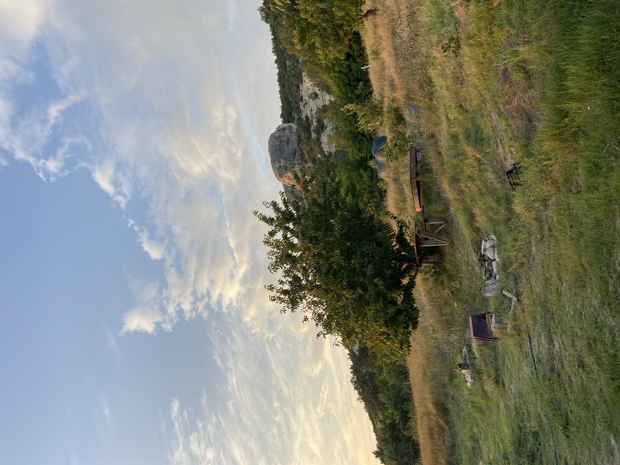 The image depicts a rural scene in Krasnomakskoye Rural Settlement, Ukraine, under a partly cloudy sky at what appears to be golden hour. In the foreground, a grassy slope is dotted with scattered objects. A tree with lush green foliage stands prominently in the mid-ground, with a wooden table or platform nearby. Behind the tree, several tents are visible, suggesting a camping or outdoor living area. The background features a hilly landscape covered with trees and vegetation, culminating in a large rock formation on the crest of the hill. The lighting indicates either early morning or late afternoon, casting long shadows and highlighting the textures of the grass and foliage. There are no people or animals visible in the scene.