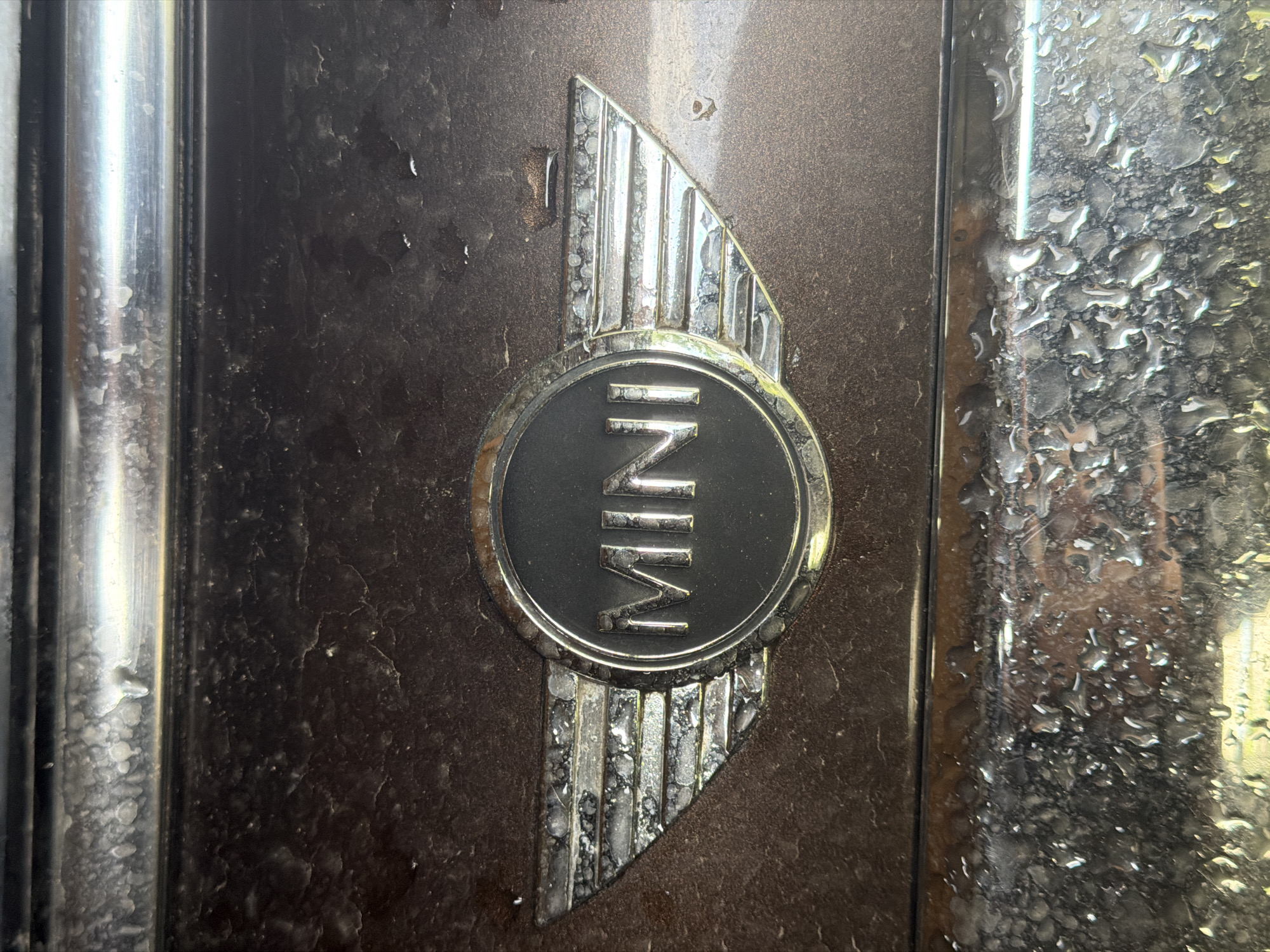 The image is a close-up, eye-level shot of a weathered "MINI" logo on the exterior of a vehicle. The logo is circular with winged accents on either side, and the word "MINI" is embossed in silver capital letters within the circle. The metallic surface of the car is a dark brown or bronze color and shows signs of age and wear, with a speckled, textured appearance. There are numerous small water droplets scattered across the logo and the surrounding car surface, indicating it may be raining or has recently rained. The lighting is somewhat diffused, casting soft reflections on the wet surfaces. The background is out of focus, but appears to be a continuation of the car's bodywork.