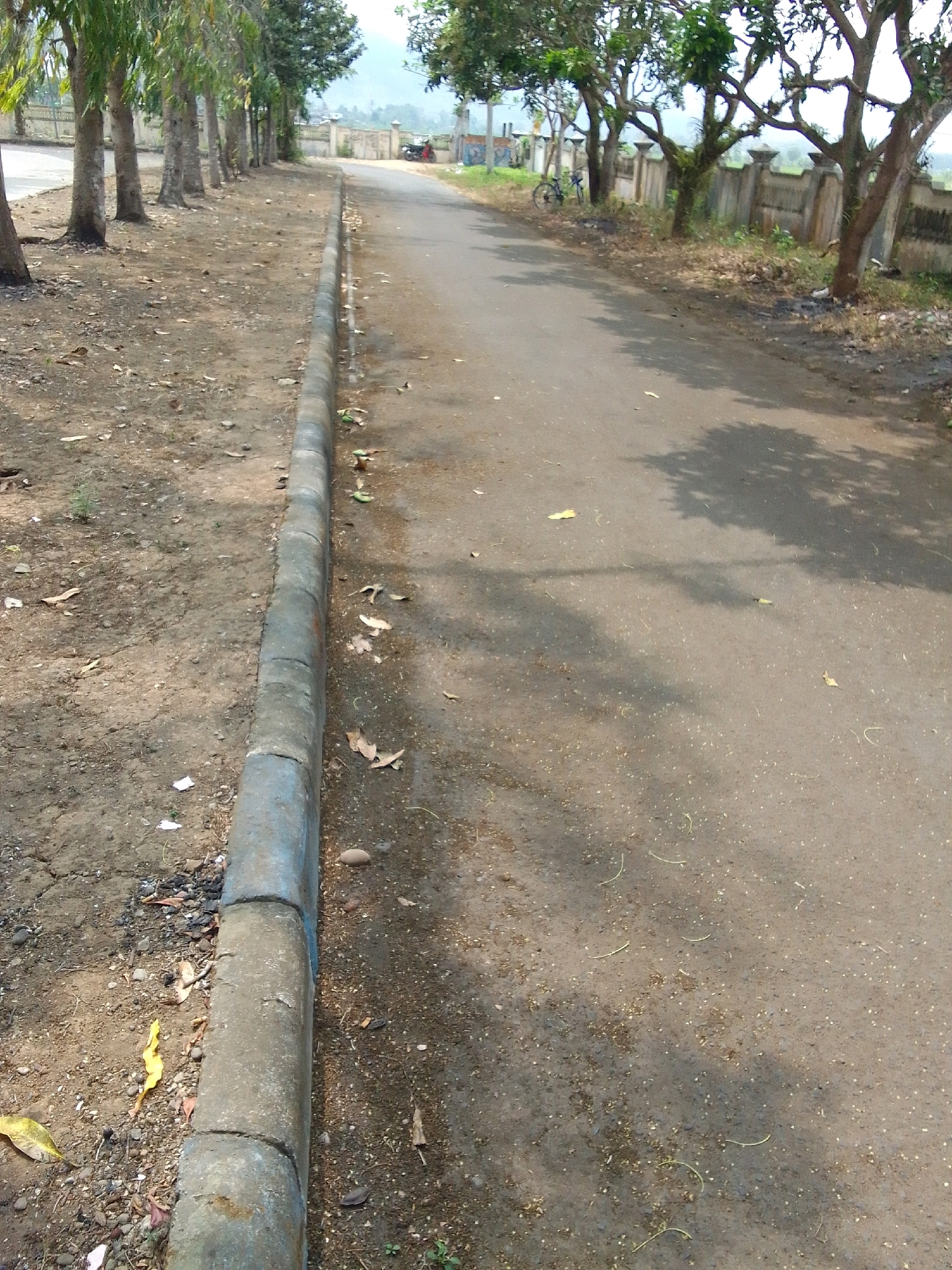 The image depicts a paved road with a concrete curb on the left, bordering a dirt and leaf-strewn area with trees. The road extends into the distance, with shadows of trees cast upon its surface. In the background, there is a wall and more trees. To the right of the road, some vehicles are visible. The scene appears to be outdoors, likely in a semi-urban or rural setting within Trenggalek, Indonesia.