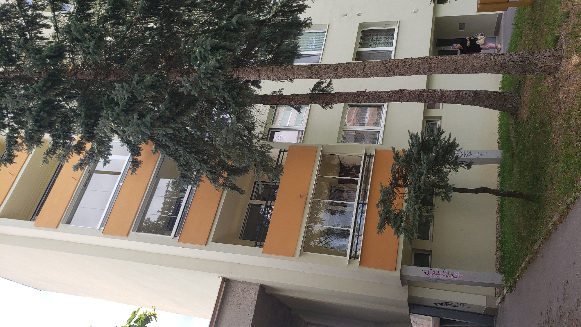The image depicts the side of a light beige apartment building with orange balconies. Several pine trees are visible in the foreground, partially obscuring the building's facade. The building has multiple floors with windows and enclosed balconies, some with glass enclosures. There is a small tree in the middle ground in front of the building, and two larger pine trees to the right. A person wearing pink pants and a black top, carrying a patterned bag, is walking towards an entrance on the right side of the building. Graffiti is present on some of the concrete pillars supporting an overhang on the left side of the building. The ground is paved in the foreground and covered with grass in front of the building. This scene is located on Májová street in Prešov, Slovakia, a common residential area known for its apartment blocks.
