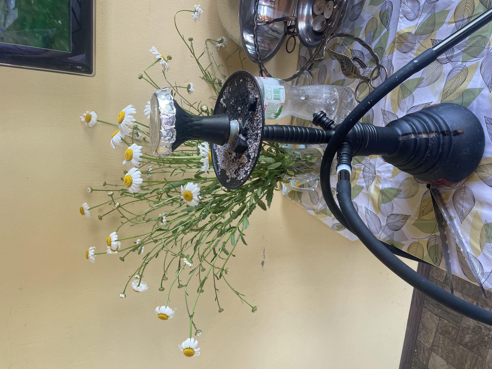 The image depicts an indoor scene in Petrivka, Ukraine. A black hookah is centrally positioned on a table, with its bowl covered in perforated aluminum foil and its charcoal tray containing ash and several black charcoal pieces. Adjacent to the hookah is a clear plastic water bottle. The table is covered with a white tablecloth adorned with a pattern of green and yellow leaves. To the right of the hookah, a decorative metal stand with a leaf design holds small metal bowls, one of which contains several light-colored, irregularly shaped objects. Behind the hookah and bottle, a clear glass pitcher serves as a vase for a substantial bouquet of white daisies with yellow centers and long green stems. The background consists of a textured, light yellow-ochre wall, displaying minor scuffs. In the upper right corner, a portion of a dark-framed television screen is visible, reflecting a green outdoor scene. The floor in the lower-left portion of the frame is tiled with dark, square-patterned tiles. No individuals are present in the image.