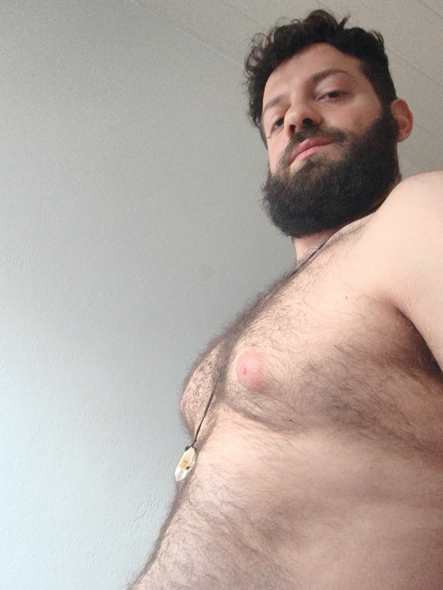 The image depicts a man from a low-angle perspective. The man has dark hair and a full, dark beard. He is shirtless, with a visible necklace with a stone pendant. The background is a plain, light-colored wall. The image's location is not evident and cannot be determined as Diepholz, Germany.