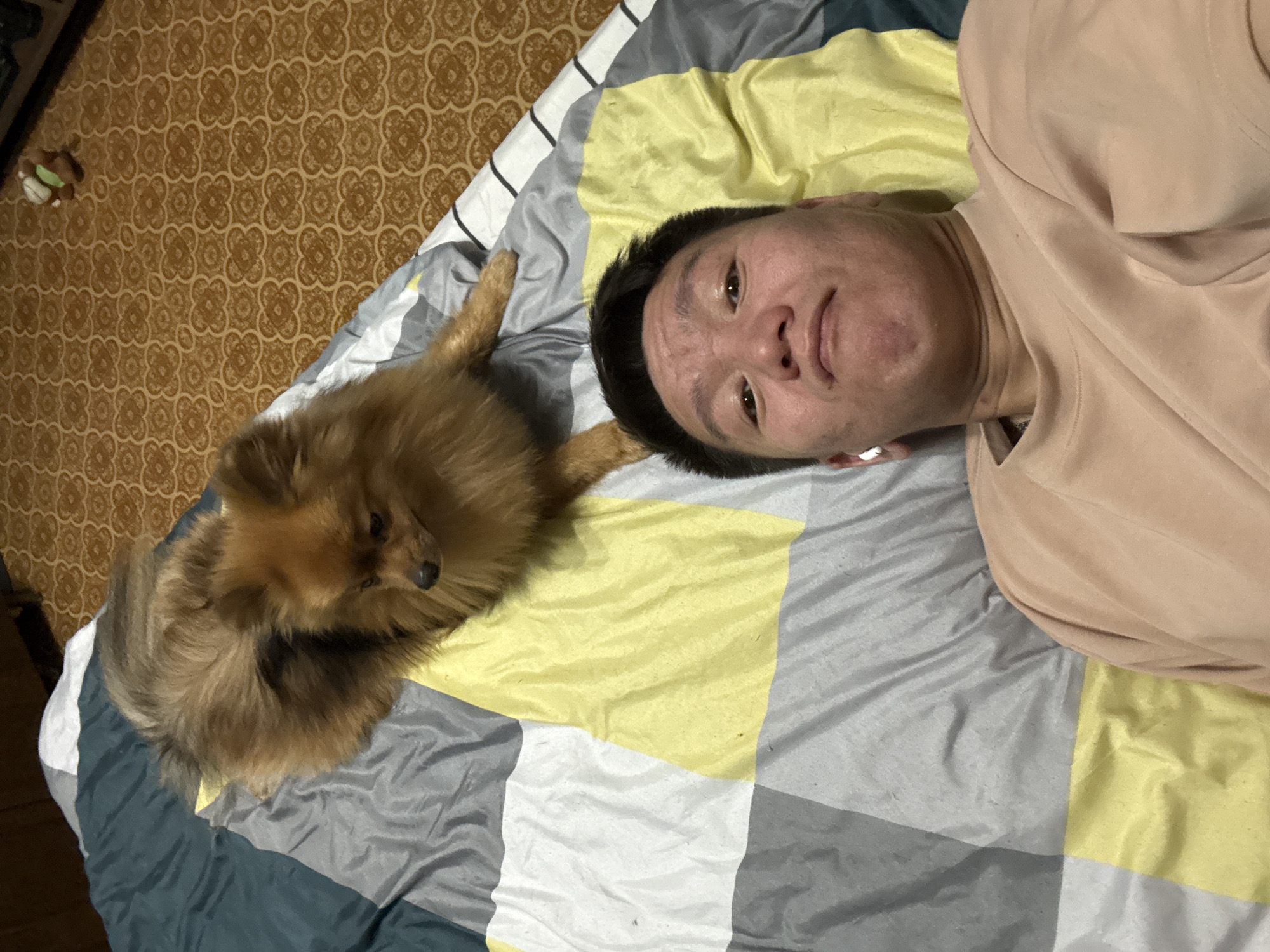 A medium shot photo shows a person and a dog lying on a bed. The person, in the foreground, is lying on their back, with their head tilted slightly to the left. They are wearing a light peach-colored t-shirt and white wireless earbuds. A small, fluffy, tan-colored Pomeranian dog is lying on the bed behind the person, facing left. The dog's tail is curled over its back. The bed has a patterned duvet cover with blocks of gray, white, and yellow. The background shows a patterned carpet and a small toy. The overall scene suggests a relaxed, indoor setting.