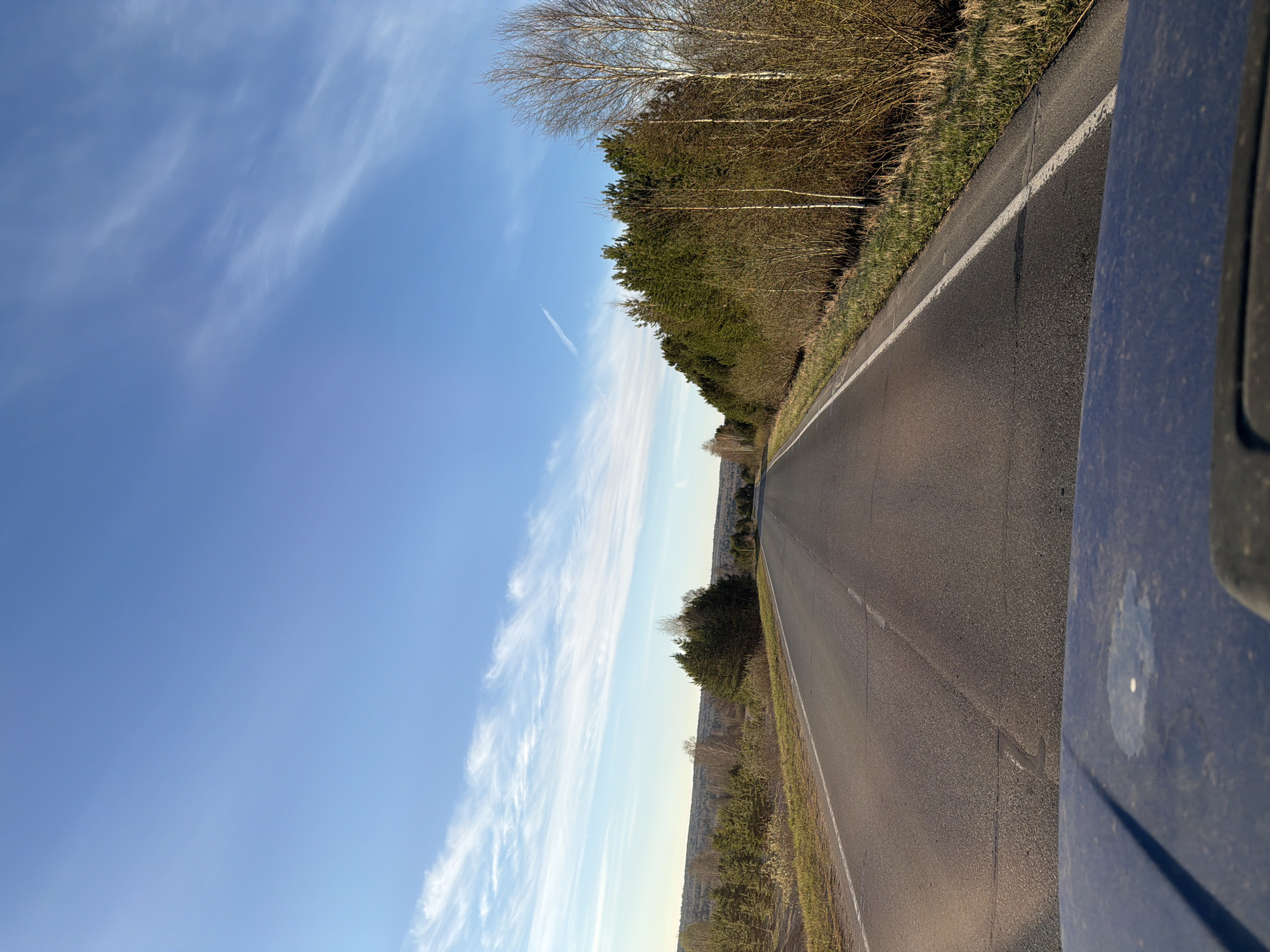 A slightly tilted shot depicts an asphalt road stretching into the distance, flanked by trees on the right and a blue sky with wispy clouds on the left. The lower right corner shows a portion of a blue vehicle, possibly the car from which the photo was taken. The location cannot be definitively determined as Балаки, Russia, from the visual information provided.