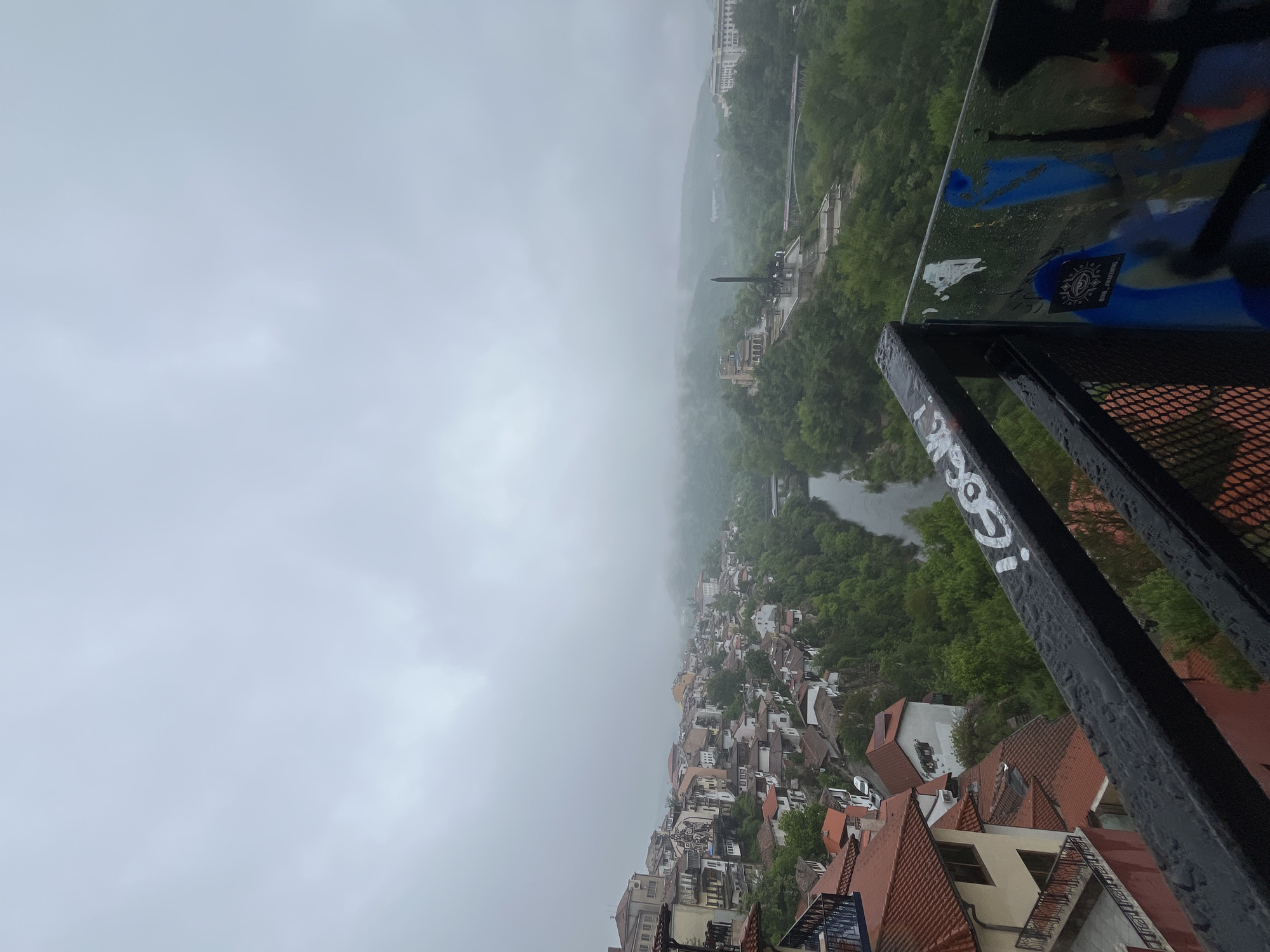 The image shows a high-angle view of Veliko Tarnovo, Bulgaria, taken on a foggy or rainy day. The perspective is from a high vantage point, likely a balcony or observation deck, with a metal railing visible in the foreground. The railing has graffiti on it and water droplets clinging to the surface.
The scene below features a dense arrangement of buildings with red-tiled roofs, characteristic of the old town. A river runs through the valley, lined by trees and vegetation. On the far side of the river, buildings and structures are visible, partly obscured by fog. The sky is overcast, contributing to the dim and misty atmosphere. The overall impression is of a historic town enveloped in a blanket of fog or rain.