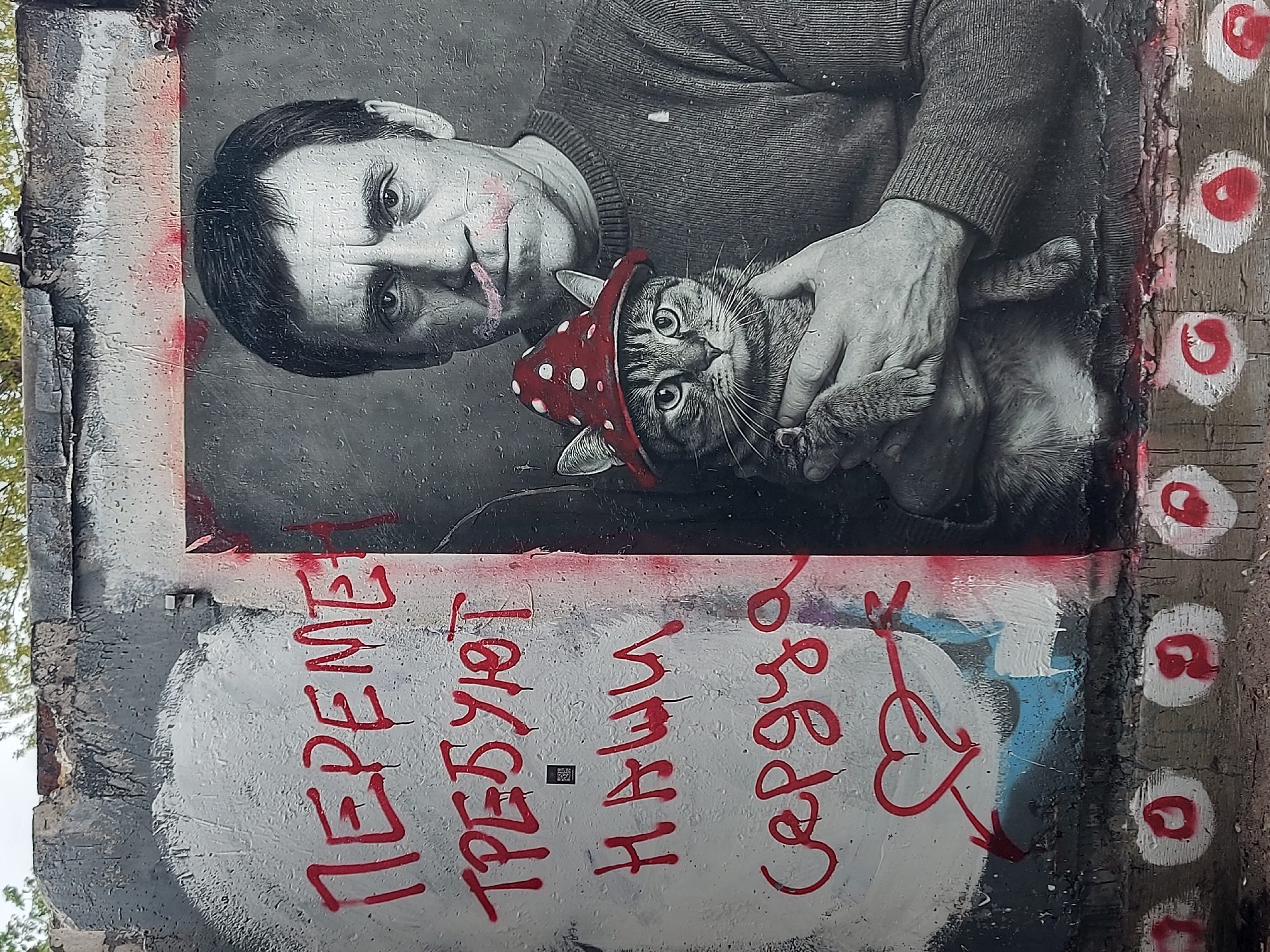 The image shows street art in Saint Petersburg, Russia. A grayscale mural features a man holding a tabby cat. The cat is wearing a red mushroom-shaped hat with white polka dots. The man's tongue is sticking out. Beneath the mural is graffiti in red paint, with text in Russian and a heart shape with arrows. To the right are three white circles with red markings inside them, painted on a textured surface.