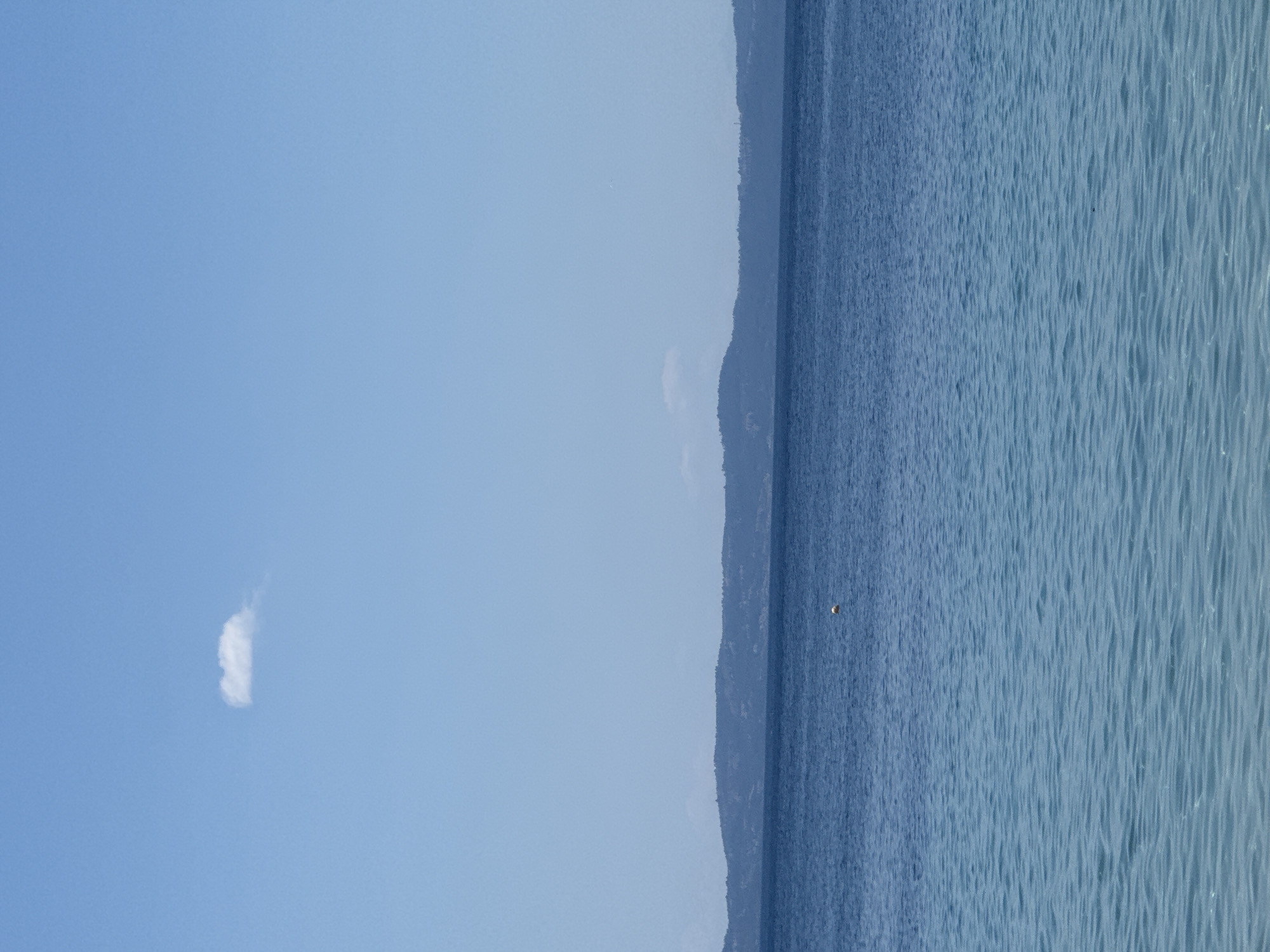 A photograph captures a serene scene of the Aegean Sea with a distant, tree-covered coastline under a clear blue sky. A single, small, fluffy white cloud is visible in the upper left portion of the sky. The sea itself is a deep blue, transitioning to a lighter, more translucent shade in the foreground, suggesting shallow water. Gentle ripples disturb the surface of the water. A small, yellow-orange buoy floats on the surface of the darker blue water, towards the center of the image. The coastline in the distance appears as a dark, undulating line of hills or mountains, likely part of the Sithonia peninsula in Toroni, Greece, given the characteristic geography. The overall impression is one of tranquility and natural beauty.