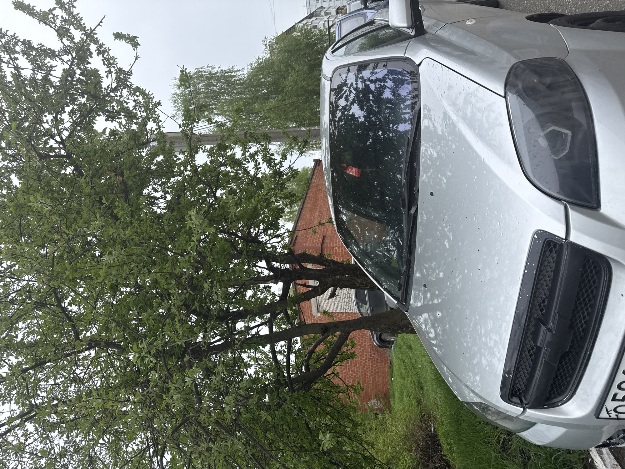 A silver Chevrolet Aveo is parked on a street in Chaikovsky, Russia, facing toward a brick building. A leafy tree stands beside the car. The sky is overcast.
