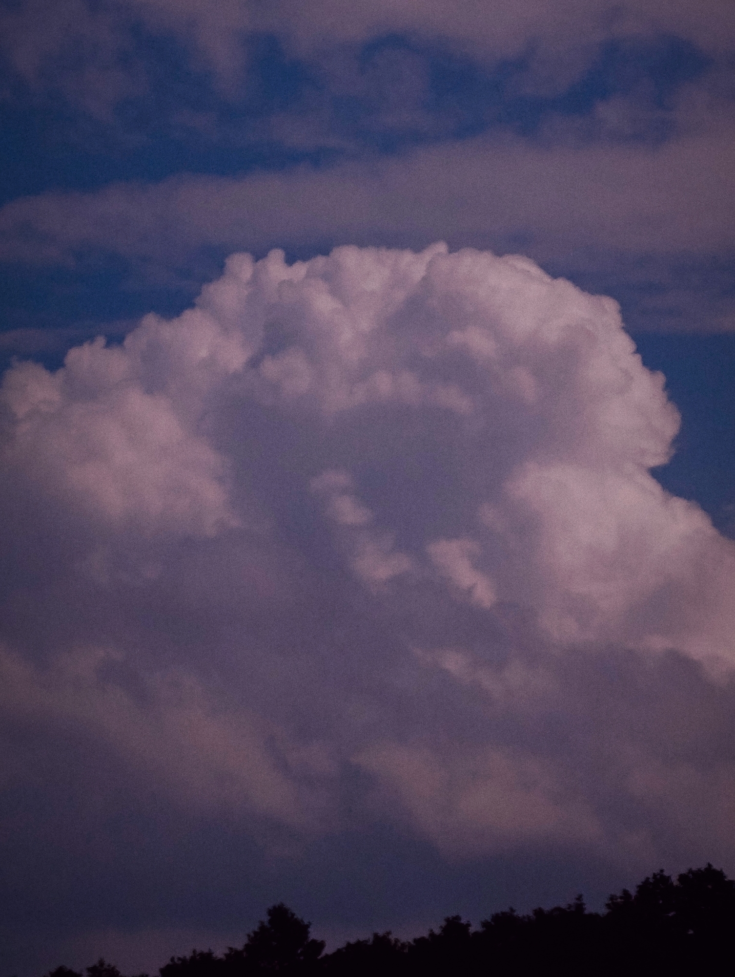 The image shows a dark sky with a large, fluffy cloud in the center. The cloud is illuminated from above, giving it a soft, pinkish-white hue. The sky behind the cloud is a deep blue, with some lighter streaks of clouds visible. The bottom of the image is filled with the dark silhouette of trees. The overall impression is one of a dramatic sky, possibly at dusk or during a storm. The lighting suggests the sun is low in the sky, casting a warm glow on the cloud. The scene evokes a sense of awe and perhaps a touch of melancholy. There is no visible text in the image.