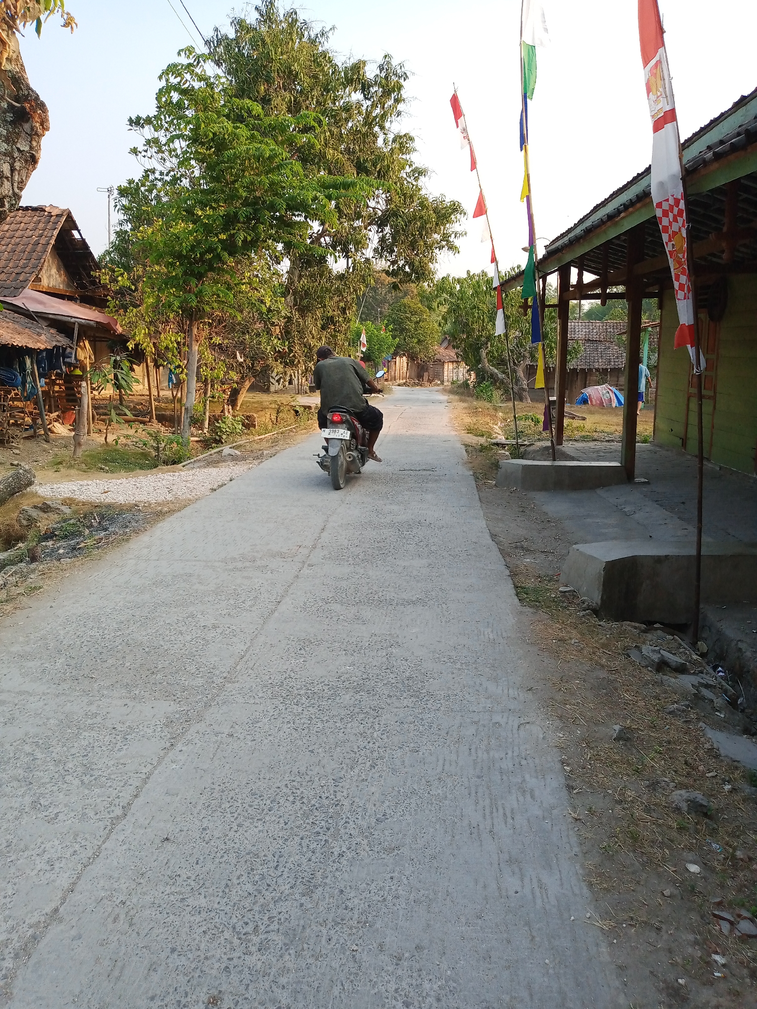 The image depicts a concrete road in a rural area of Rowobungkul, Indonesia, with a person riding a motorcycle away from the camera. The motorcycle is red and white, and the rider is wearing a dark green shirt and black shorts. To the left of the road are some houses with tiled roofs and wooden structures. Trees and vegetation are visible on both sides of the road, with one particularly large tree on the left. Several colorful flags are flying from poles on the right side of the road, adjacent to a green building with a porch. The sky is clear and light. The ground beside the road is dirt and dry grass.
