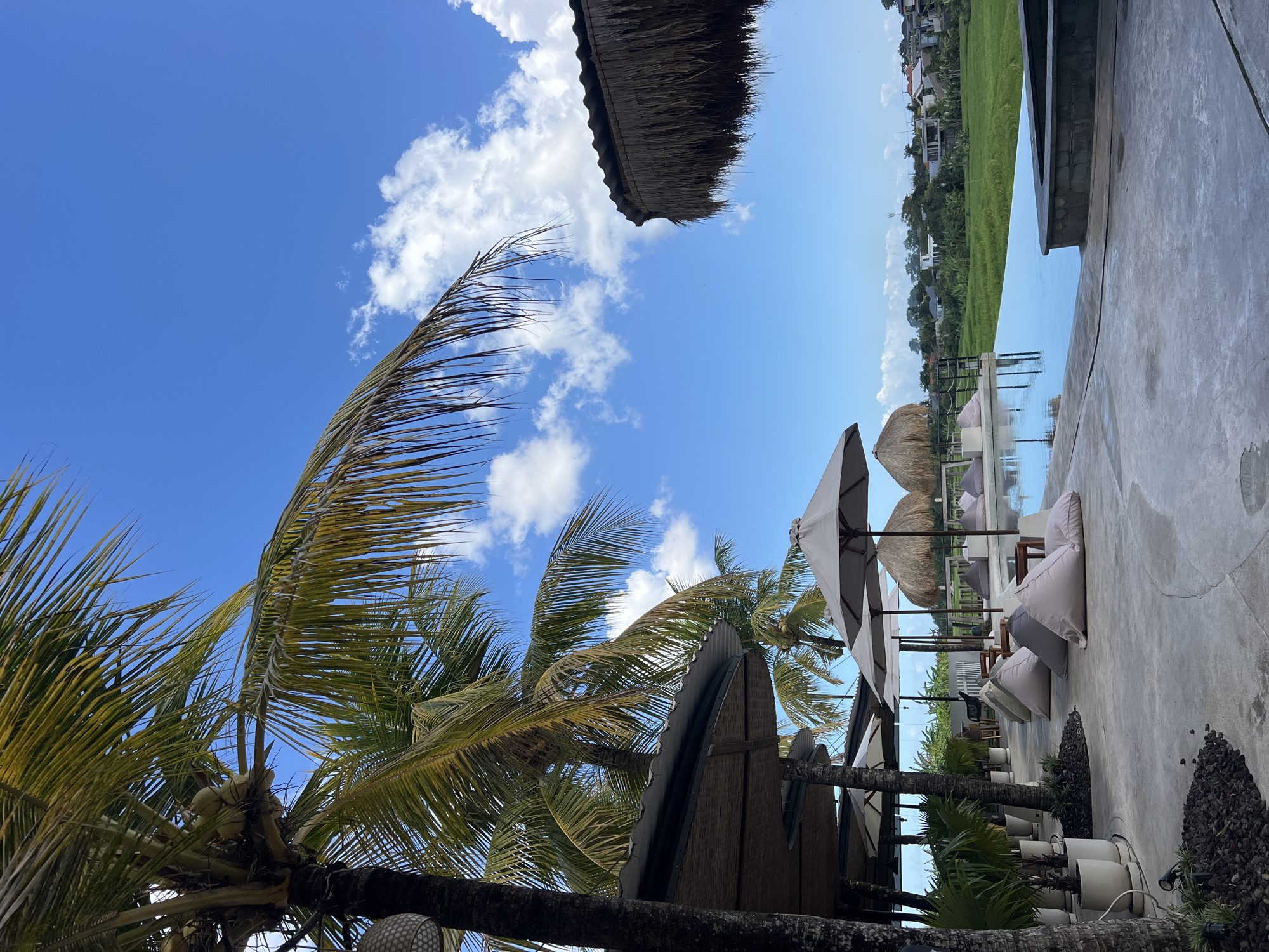 In North Kuta, Indonesia, a resort with an infinity pool overlooks lush green rice paddies under a clear blue sky dotted with white clouds. Palm trees with coconuts frame the scene, their fronds swaying gently. The poolside area features a paved concrete floor with several beige and grey beanbag chairs arranged on it. Large grey umbrellas provide shade, and thatched-roof cabanas offer further shelter. White planters with green foliage line the walkway. The infinity pool's calm surface reflects the sky and the surrounding landscape. In the background, a cluster of buildings and trees suggests a residential or hotel area.