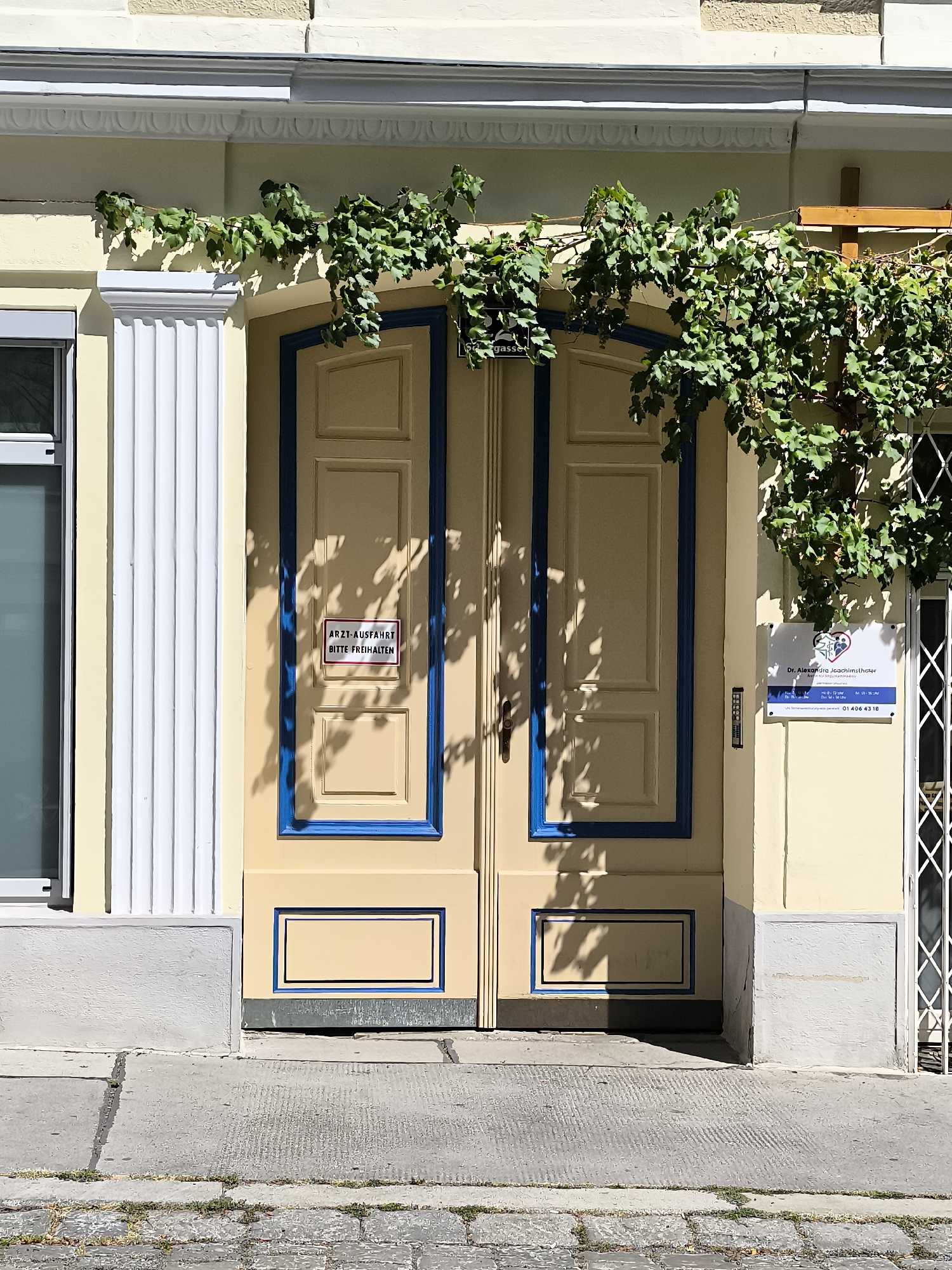 The image shows a light yellow double door with blue trim, located on a building in Vienna, Austria. A sign on the door reads "ARZT-AUSFAHRT BITTE FREIHALTEN" (Doctor's exit, please keep clear). To the right of the door, a larger sign displays "Dr. Alexandra Joachimsthaler" and a phone number. Green vines with leaves hang from an overhang above the door, casting shadows on the facade. The building has decorative architectural elements, including fluted columns to the left of the door. The ground in front of the building is paved with cobblestones and concrete. A small intercom system is mounted on the wall next to the door.