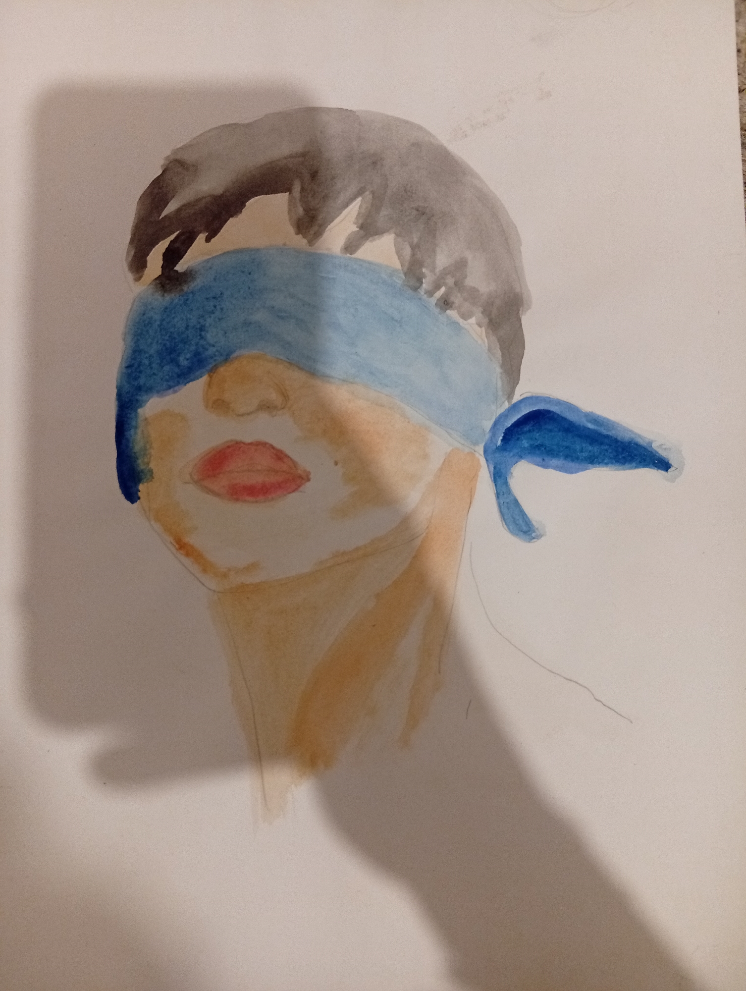 A watercolor painting depicts the head and upper torso of a person with a blue blindfold covering their eyes. The person has light skin, reddish-pink lips, and dark hair. The painting is on a white background. The scene's location in Buenos Aires, Argentina, is not apparent from the image.