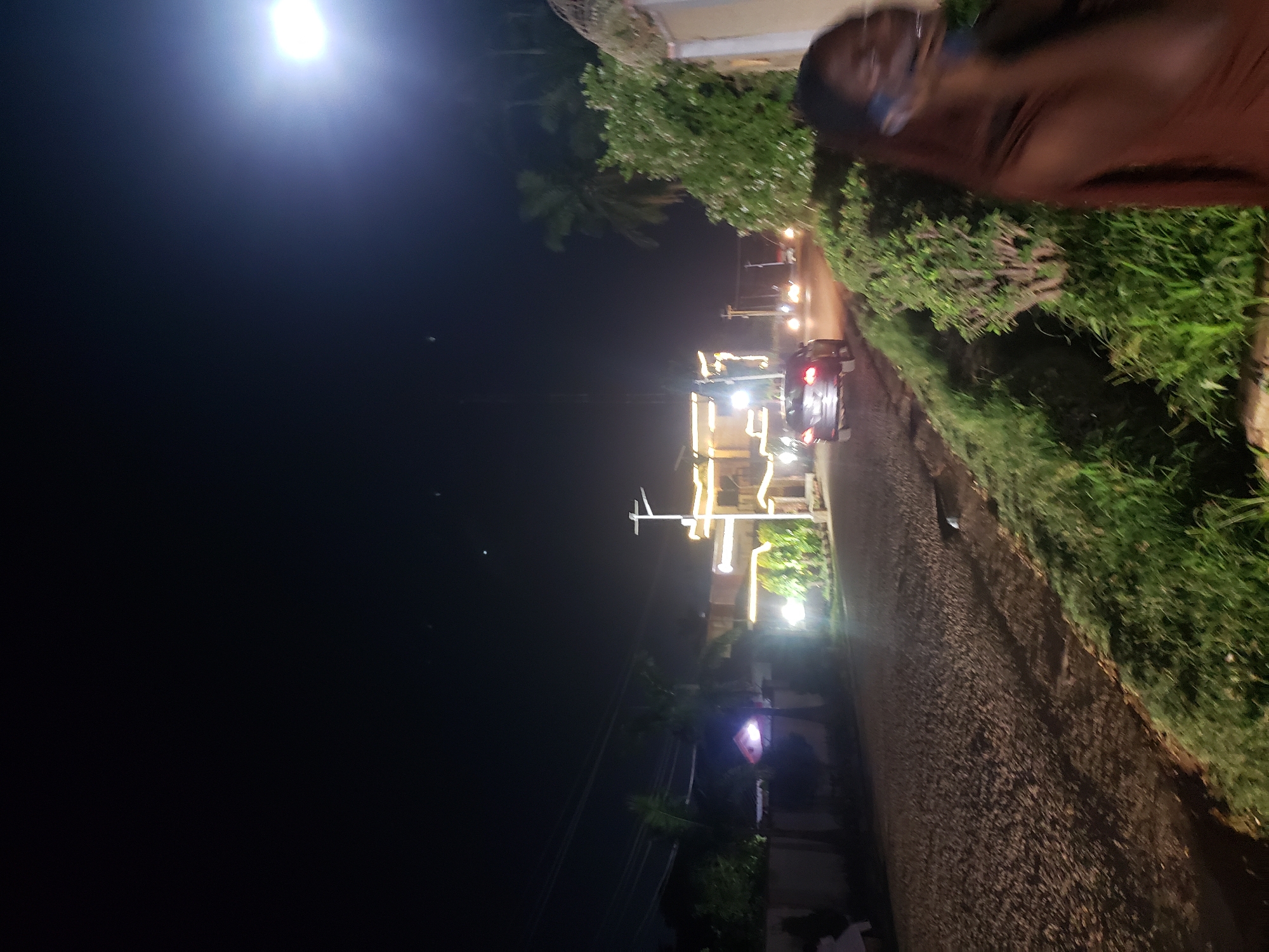 The image shows a street scene at night in Narayi, Nigeria. A person is visible in the foreground, out of focus, wearing a brown garment. To the left, a gravel road runs alongside a patch of green grass and bushes. In the mid-ground, several cars are driving on the road, their headlights illuminated. A building with decorative lights is situated on the right side of the road, with palm trees and other foliage in the background. The sky is dark with a bright light source in the upper right corner.