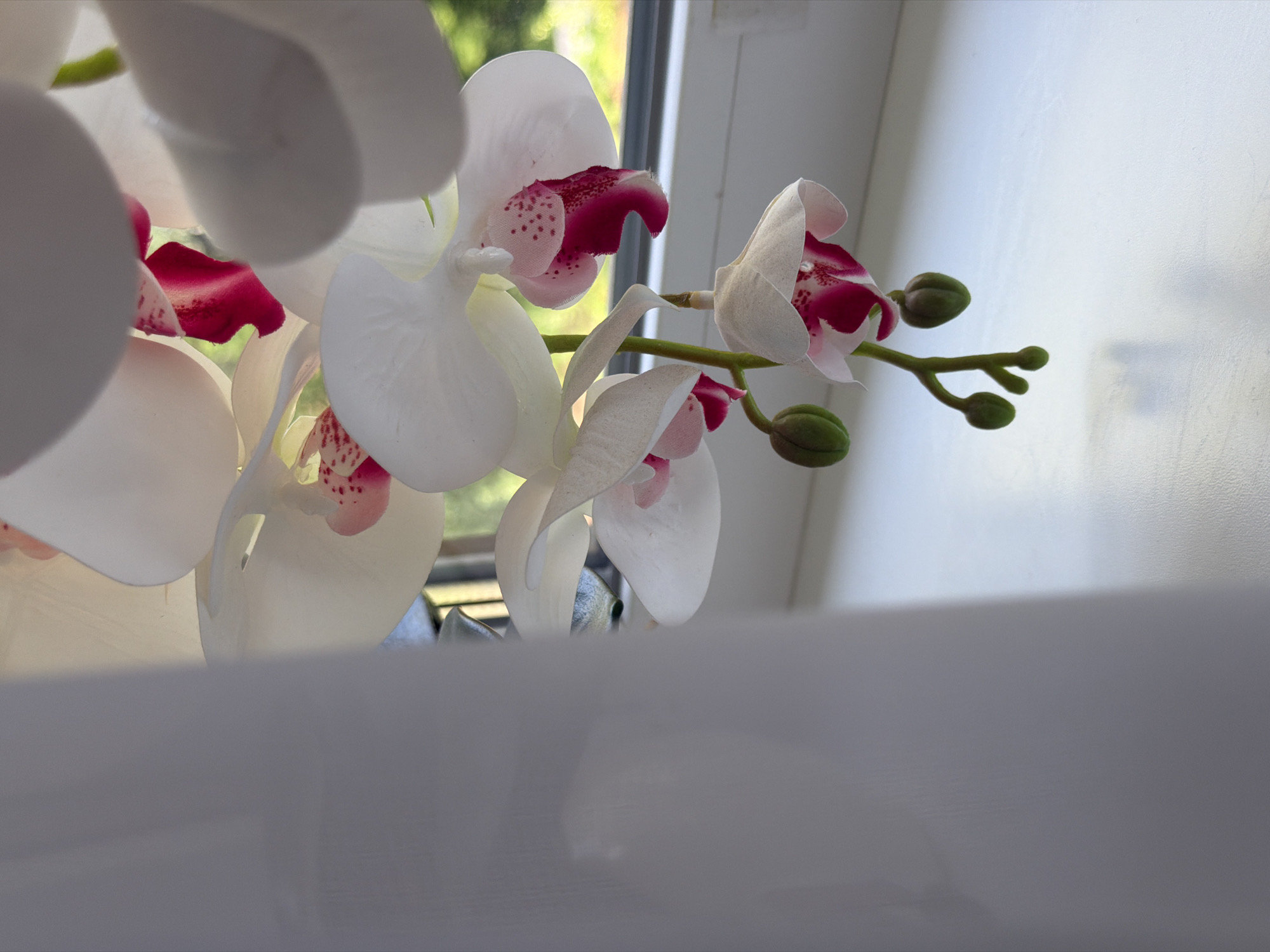 This is a close-up shot of a white orchid with fuchsia accents, positioned on a white windowsill. The orchid is artificial, with some buds visible. The background shows a blurry green foliage, suggesting an outdoor environment viewed through a window. A translucent white curtain partially obscures the left side of the frame, casting a soft shadow. The lighting is natural, coming from the window, and creates subtle highlights on the petals. No people or specific city landmarks are present.
