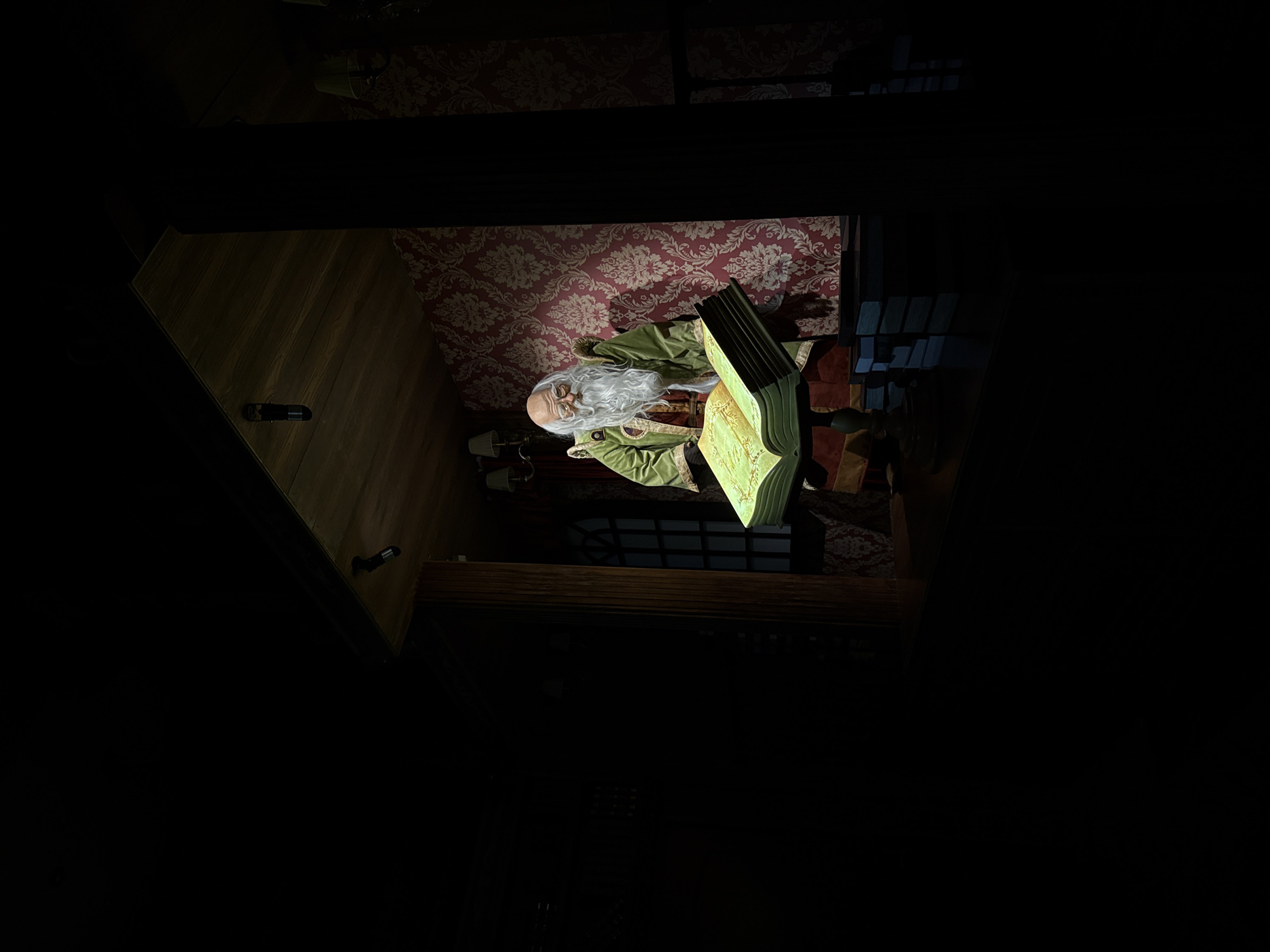 The image shows an animatronic figure of a wizard sitting at a desk, illuminated by a bright light. The wizard is wearing a green robe and has a long white beard. He is holding a large, open book. The desk is positioned against a wall covered in red floral wallpaper. A dark wooden floor is visible to the left of the desk. A section of what appears to be a window and bookshelf is seen in the background, however, it is dark. There is little ambient light outside of the central point of focus, leaving much of the image obscured in darkness. Based on the provided location, the scene is likely within a themed attraction or a display in Nha Trang Ward, Vietnam.