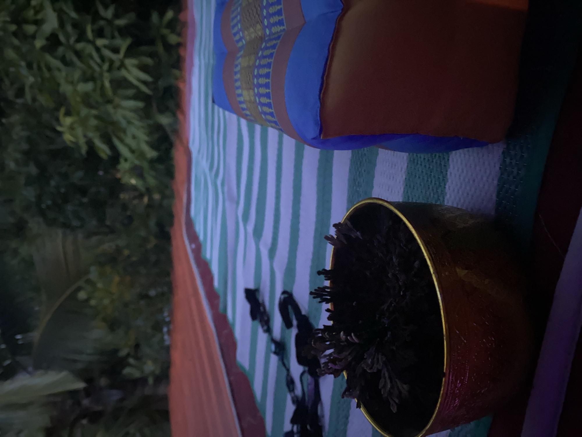 The image shows an outdoor setting in Baan Kai, Thailand, with a patterned cushion in blue, brown, and gold placed on a green and white striped surface. A plant in a reddish-gold pot is situated on the same surface, with a decorative vine extending towards the edge. The background includes foliage and a glimpse of a curved structure, possibly a dish antenna or awning. The lighting suggests either dusk or a shaded area.