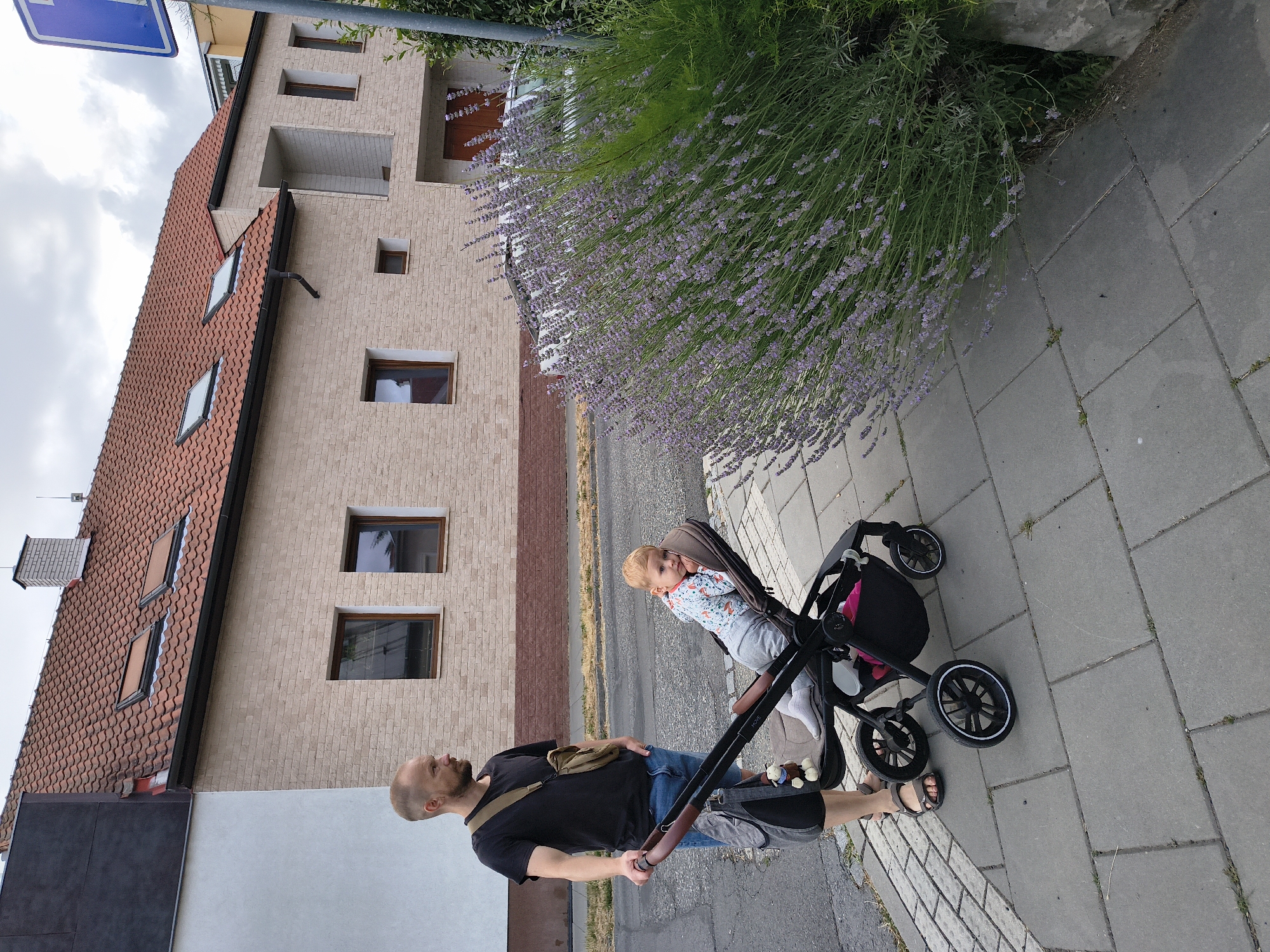 A man stands on a paved sidewalk next to a stroller. The man is wearing a black t-shirt, grey shorts, and sandals. He has a crossbody bag slung over his right shoulder. He is holding the handle of a black stroller, which contains a young child. The child is lying down in the stroller, wearing a light-colored patterned shirt and grey pants. The stroller has a bag attached to the handle and a toy monkey hanging from it.
Behind the stroller, a large bush of lavender with purple flowers is in bloom. The sidewalk is made of grey rectangular pavers. In the background, there is a street with a car parked on it, and a two-story building with a red tiled roof. The building has several windows and a chimney. The scene appears to be in a residential area. The presence of lavender and the architectural style of the building suggest this location could be in Olomouc, Czechia. The sky is overcast.